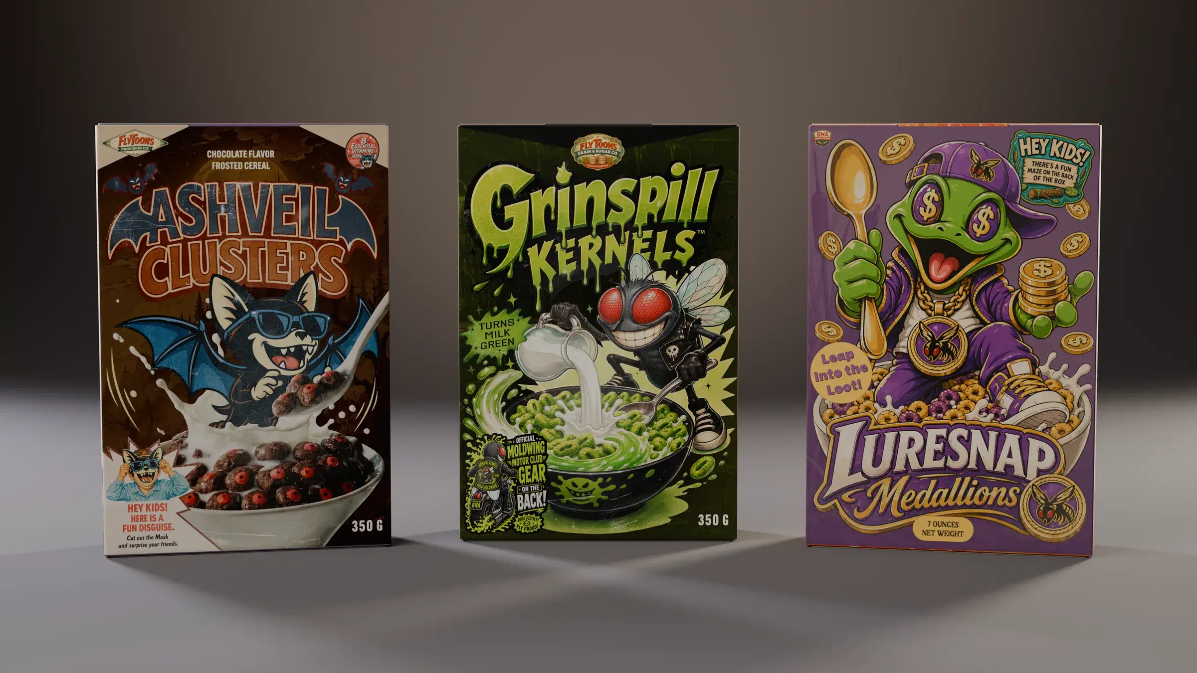 Three rendered cereal boxes side by side: Luresnap Medallions, Ashveil Clusters and Grinspill Kernels.