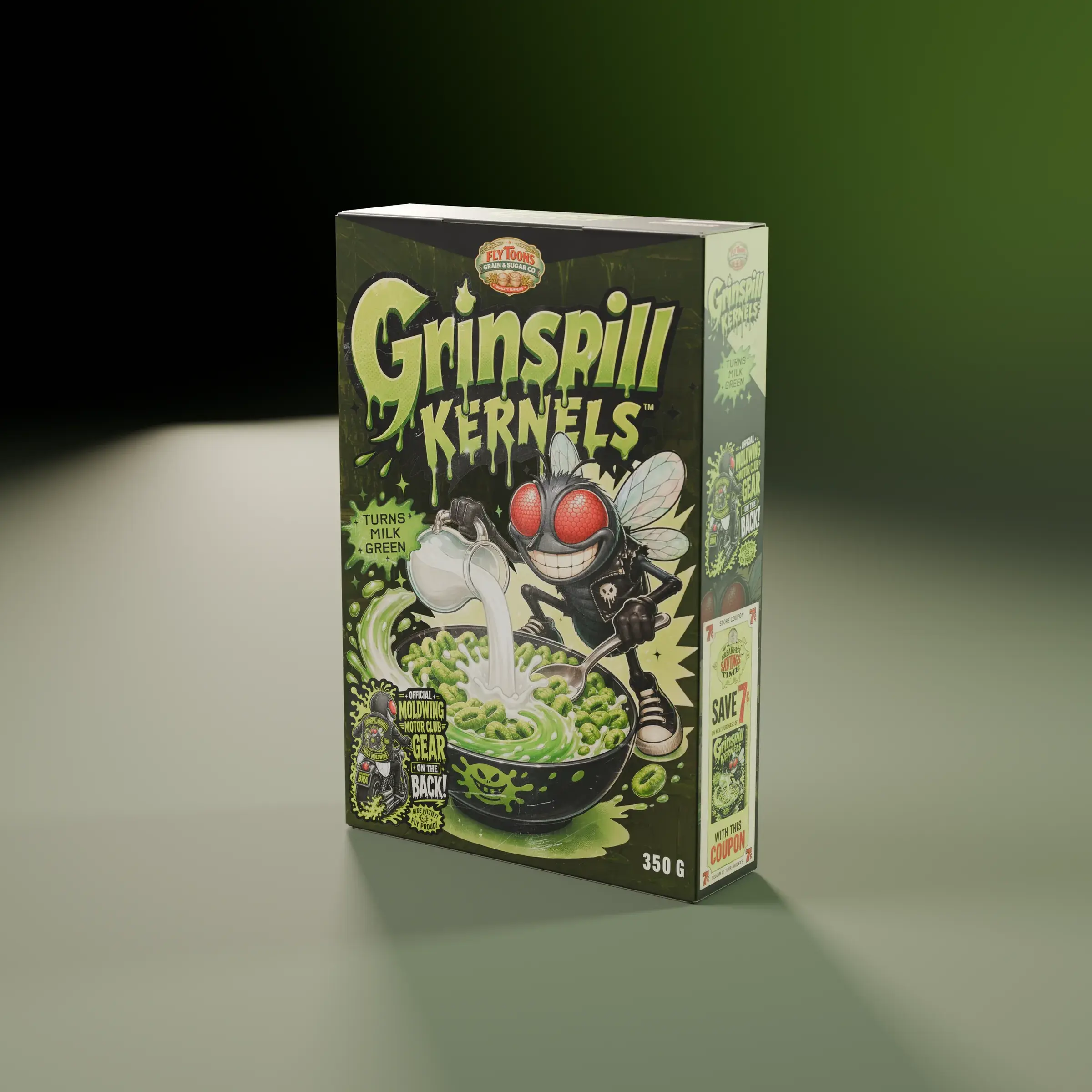 Grinspill Kernels box: a green fly mascot over a bowl of glowing green cereal, on a moss backdrop.
