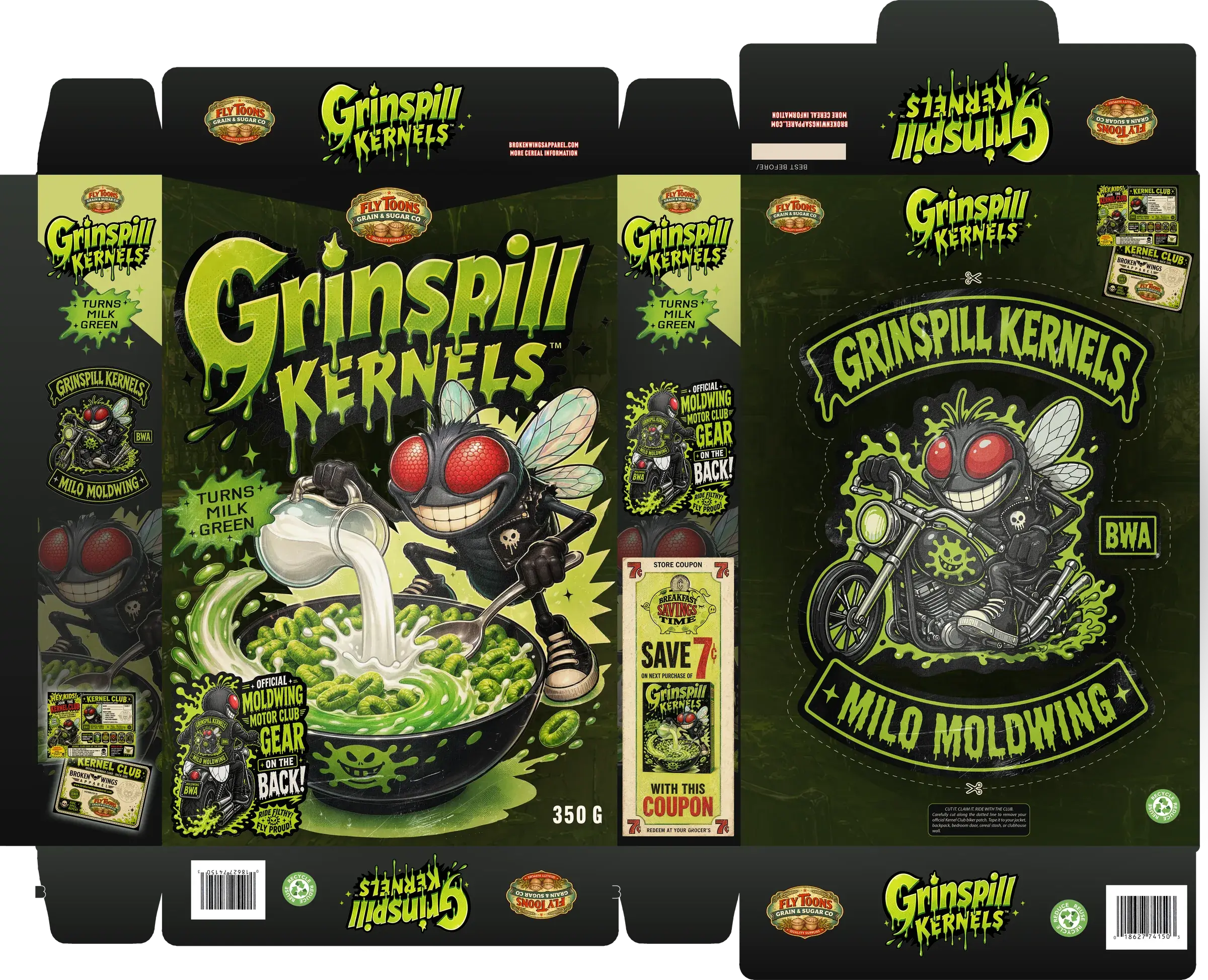 The full Grinspill Kernels box artwork laid flat: front, back, sides and flaps as one printed sheet.