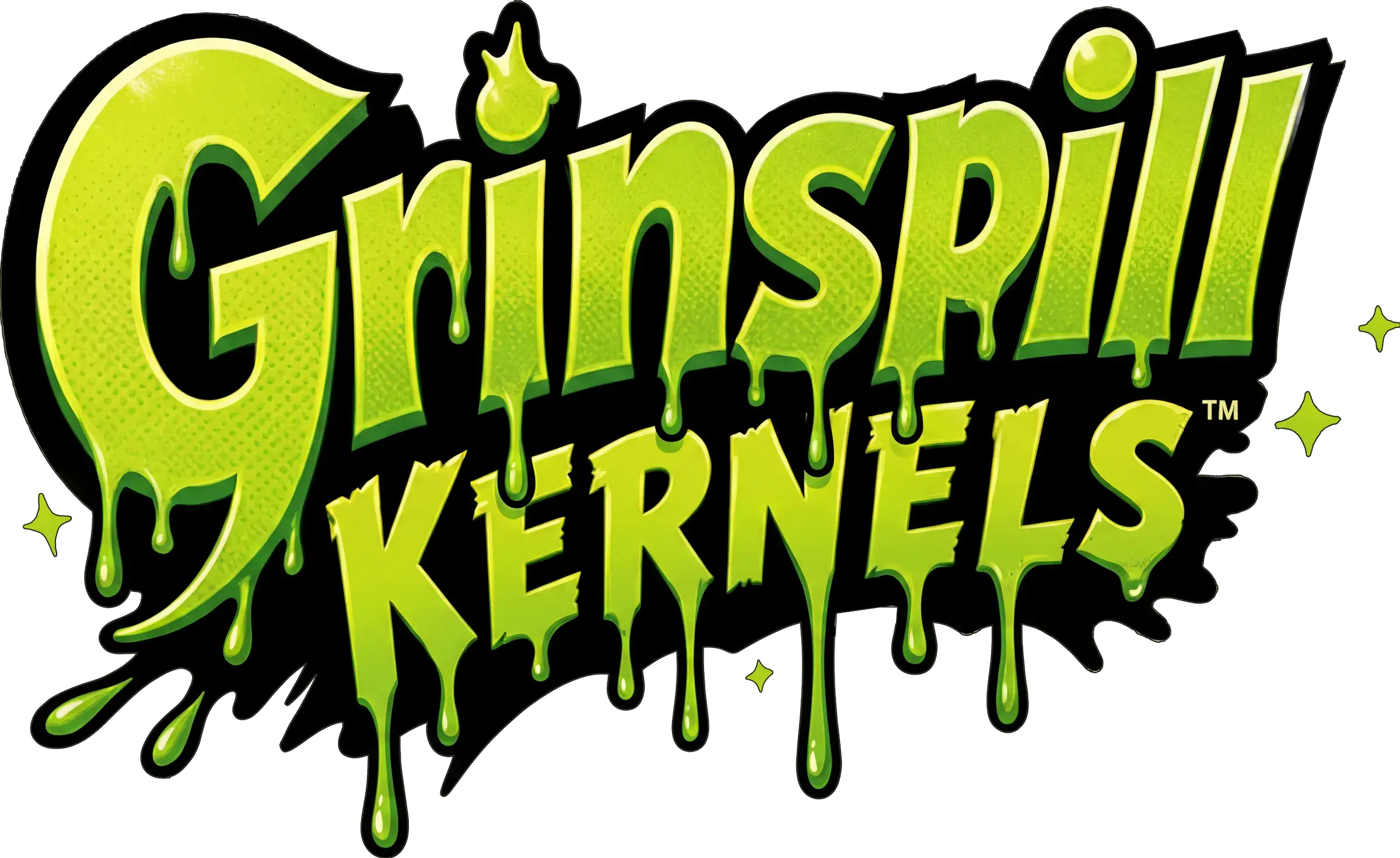 Grinspill Kernels wordmark in dripping slime green.