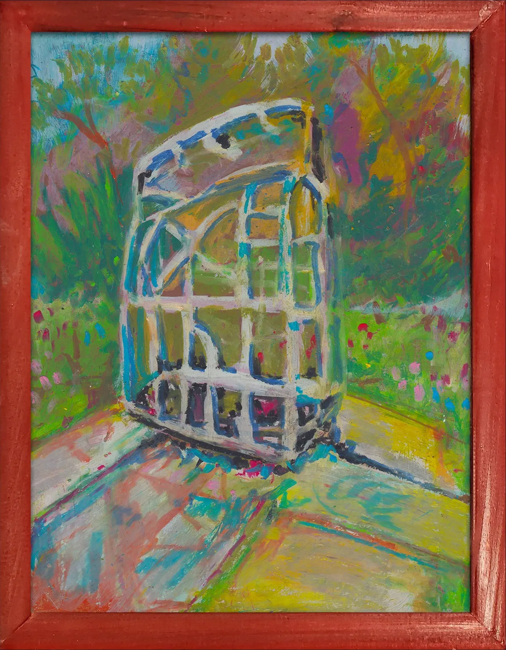 Bin Burn: an oil pastel of a wire waste bin in loose greens, pinks and blues, in a red wooden frame.
