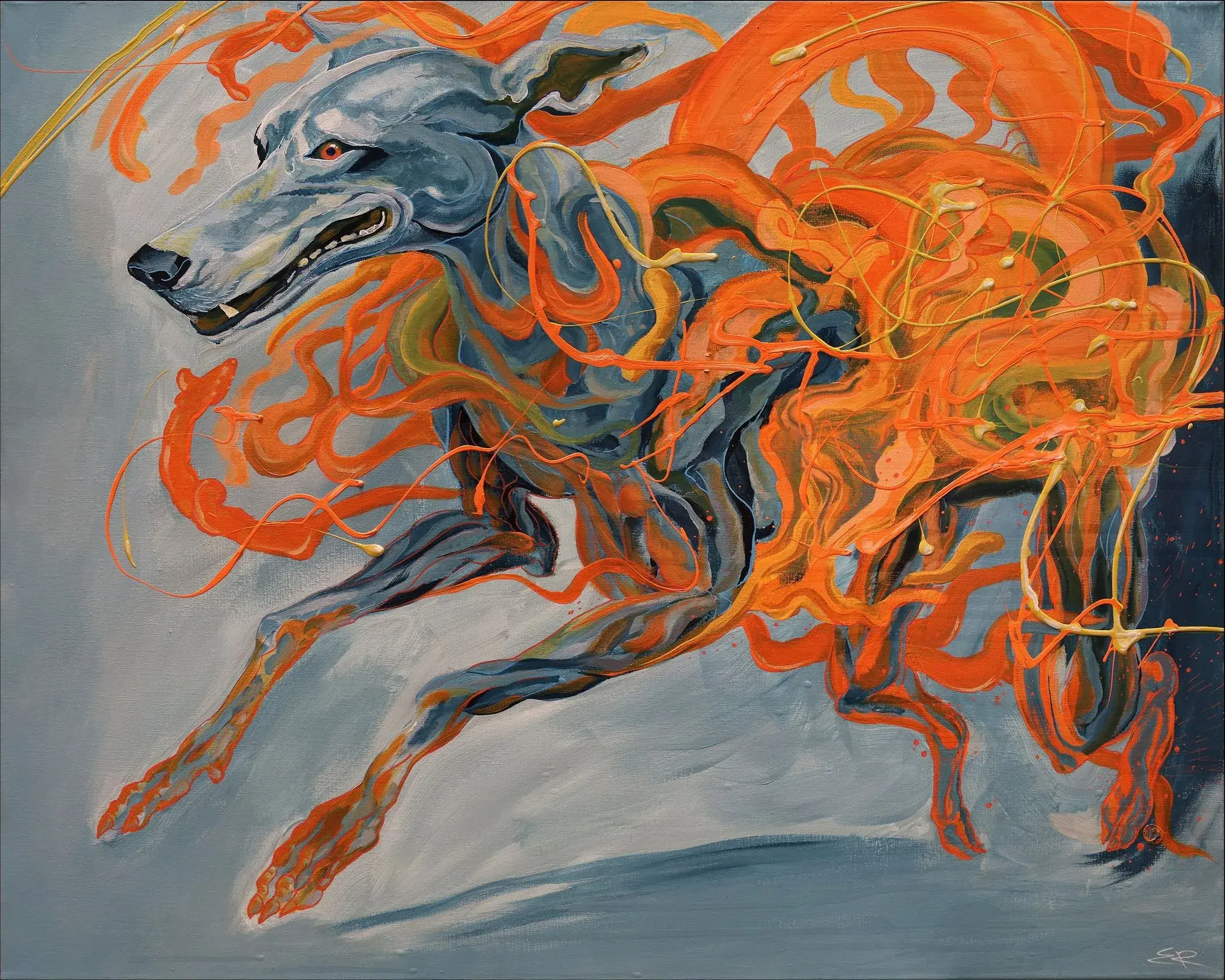 Blue Hound: a lean blue hound mid-stride, wrapped in swirling orange flame-like strokes on a pale ground.