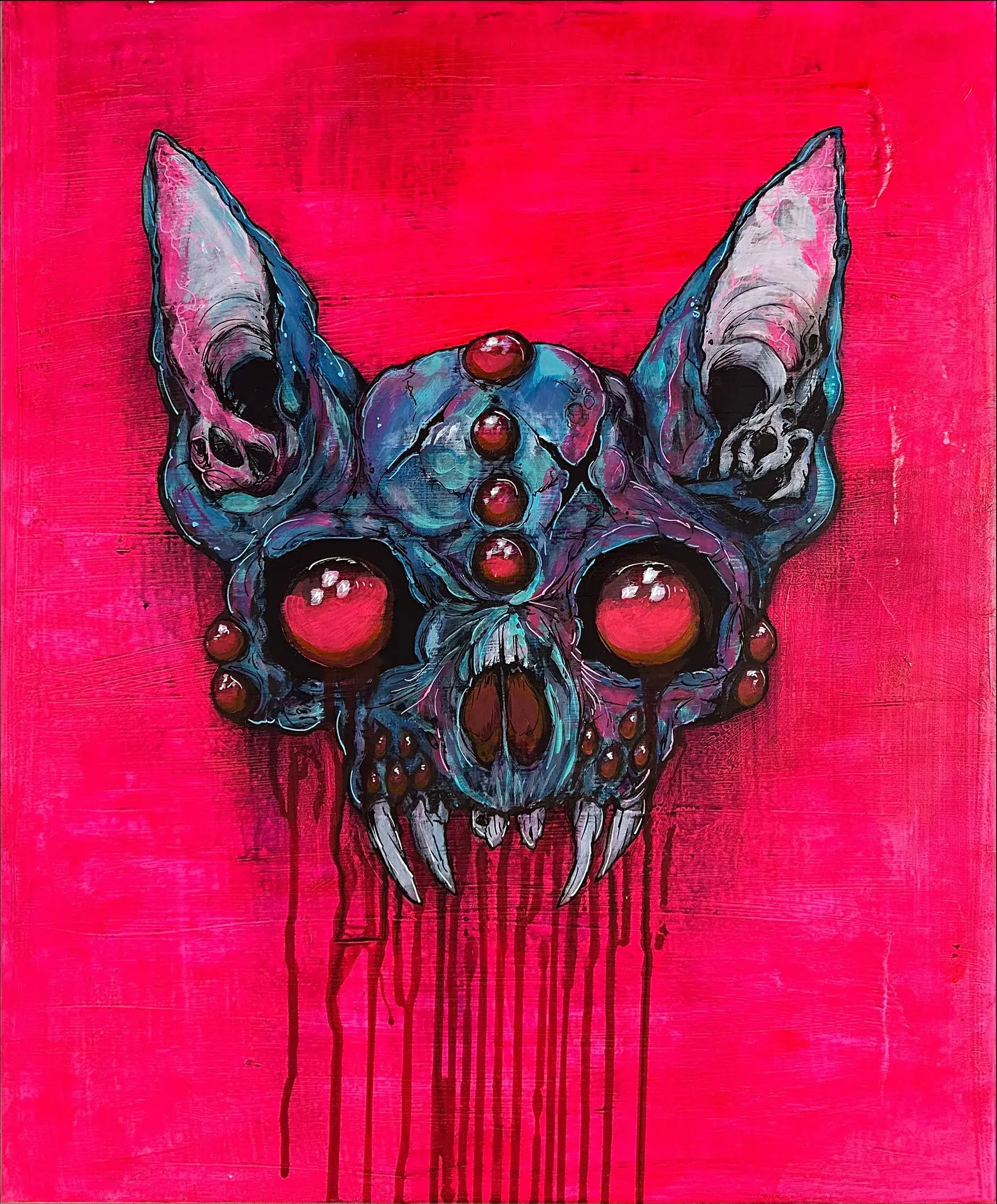 Catacombs: a blue horned cat skull with red eyes, dripping paint, on a hot pink ground.