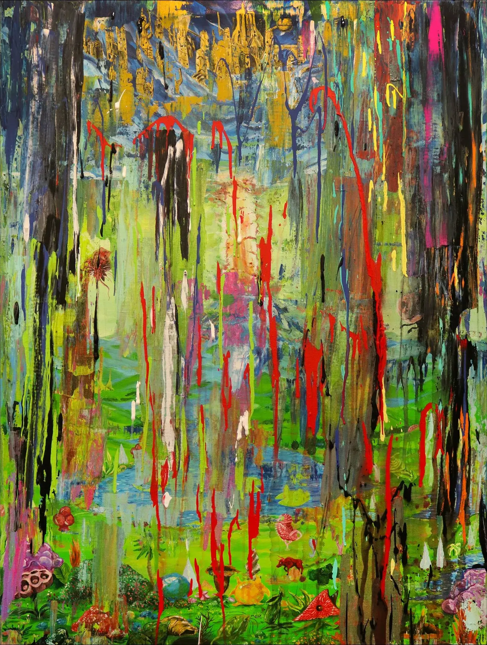 Divine Creation: a dense abstract of dripping greens, reds and yellows running down the canvas in vertical streaks.