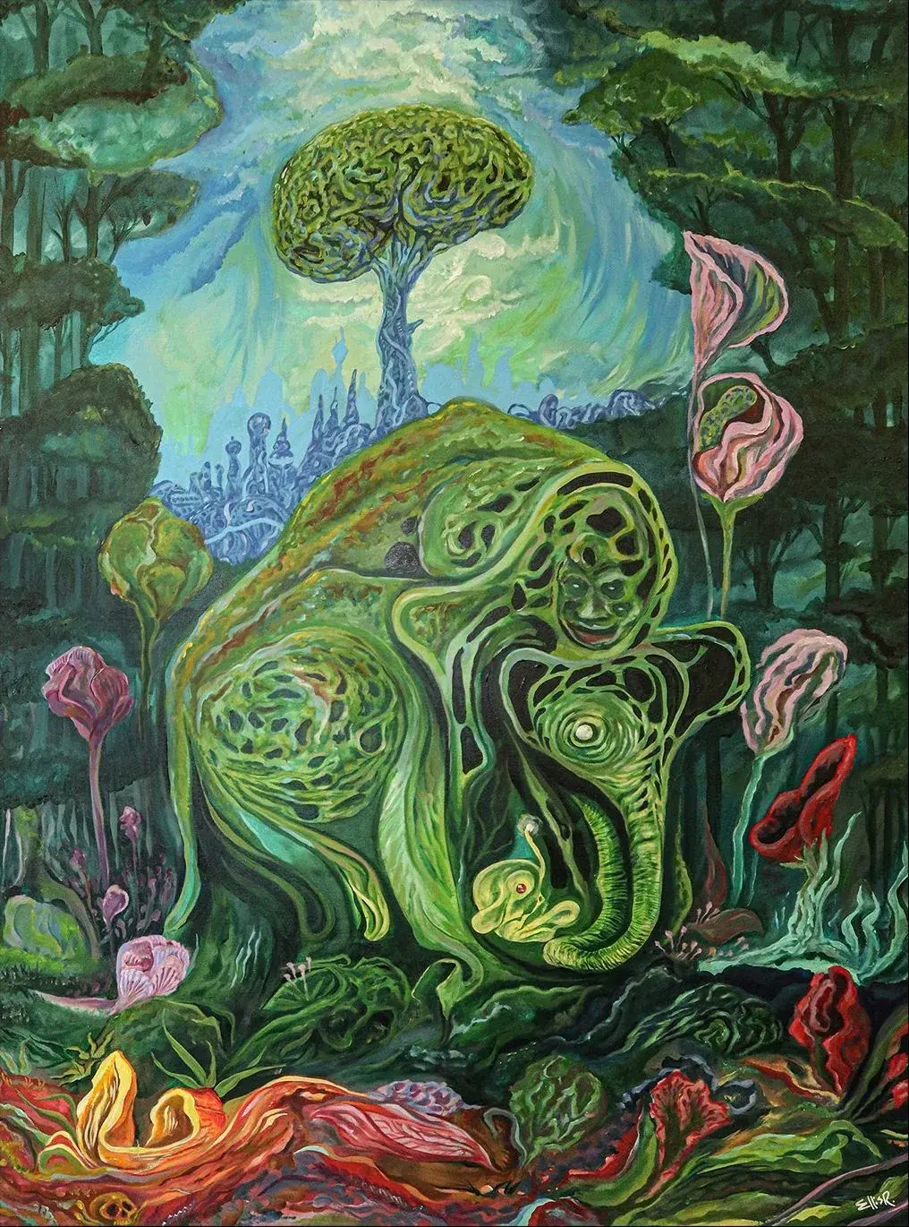 Drowsy Elephant Garden: a green elephant curled asleep beneath a tree, its body dissolving into leaves and garden forms.