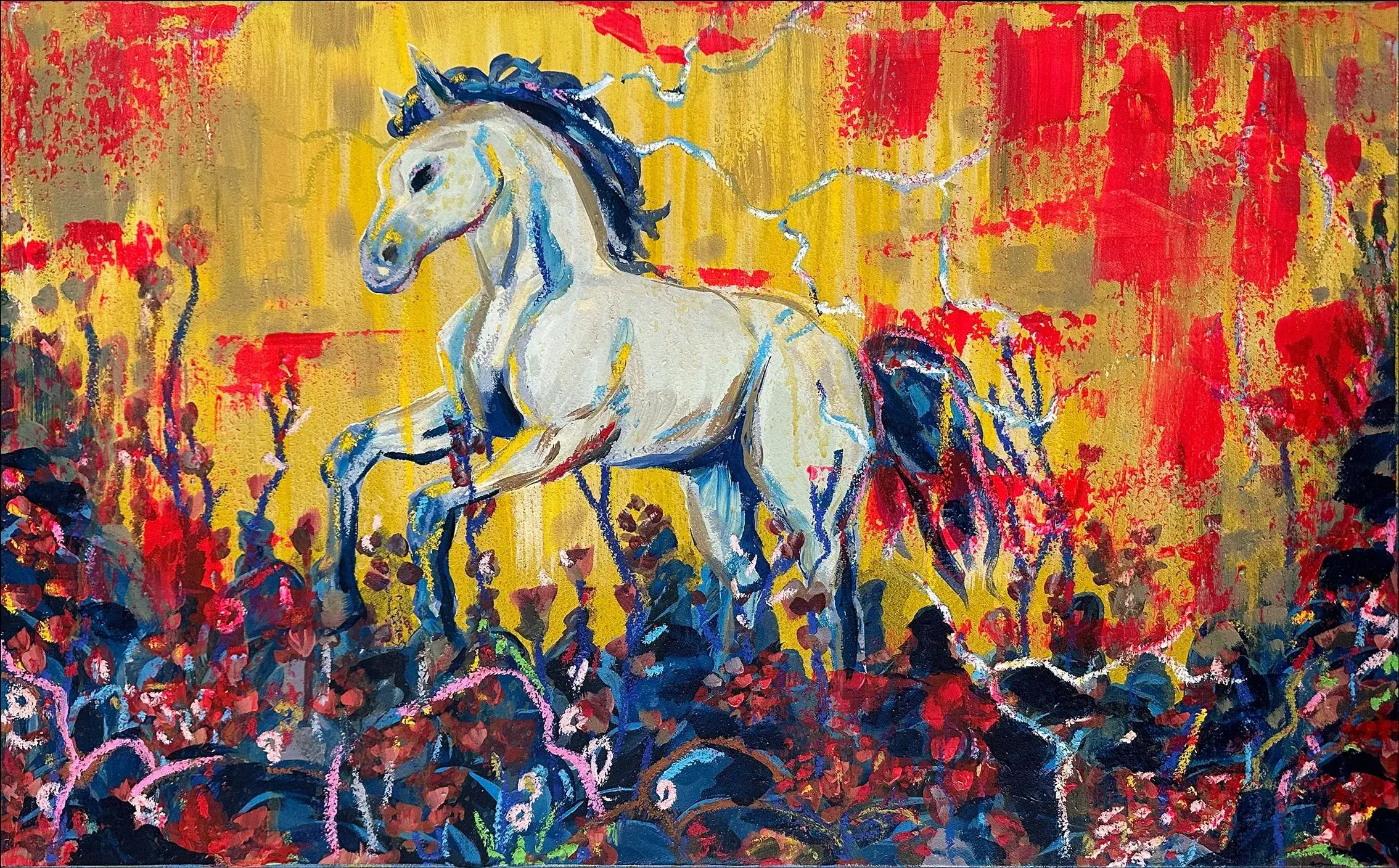 Pale Horse: a white horse stepping through a field of red, blue and yellow brushwork.