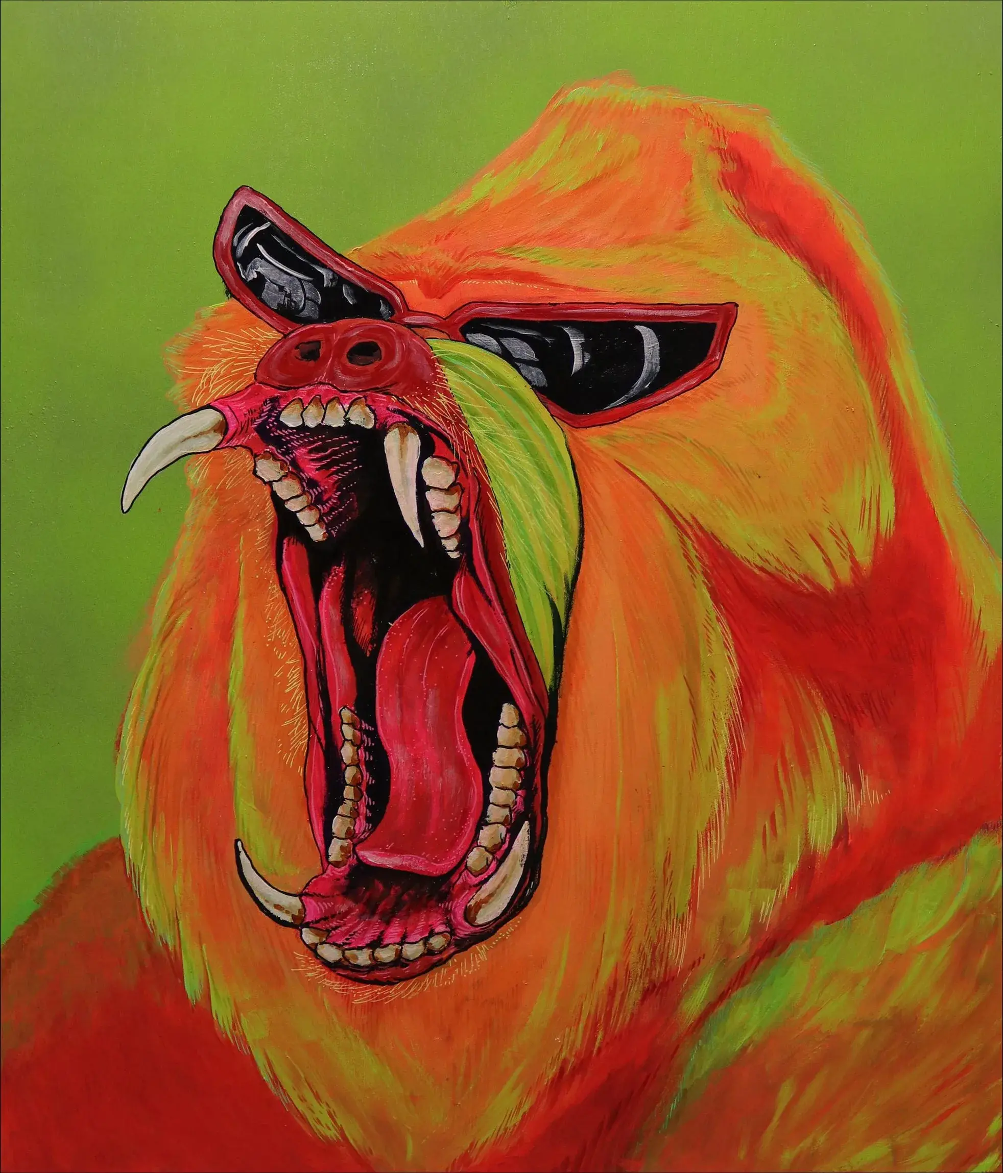 Party Animal: a roaring orange ape wearing dark sunglasses, on a lime green ground.