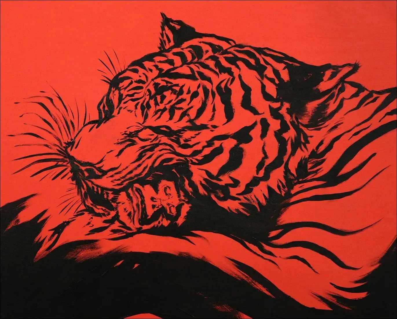 Tiger Bites Monkey: a snarling tiger in black linework over a flat red-orange ground.