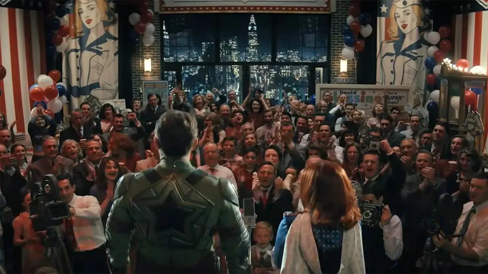 Vought Rising: a costumed hero faces a cheering 1950s crowd at a patriotic rally