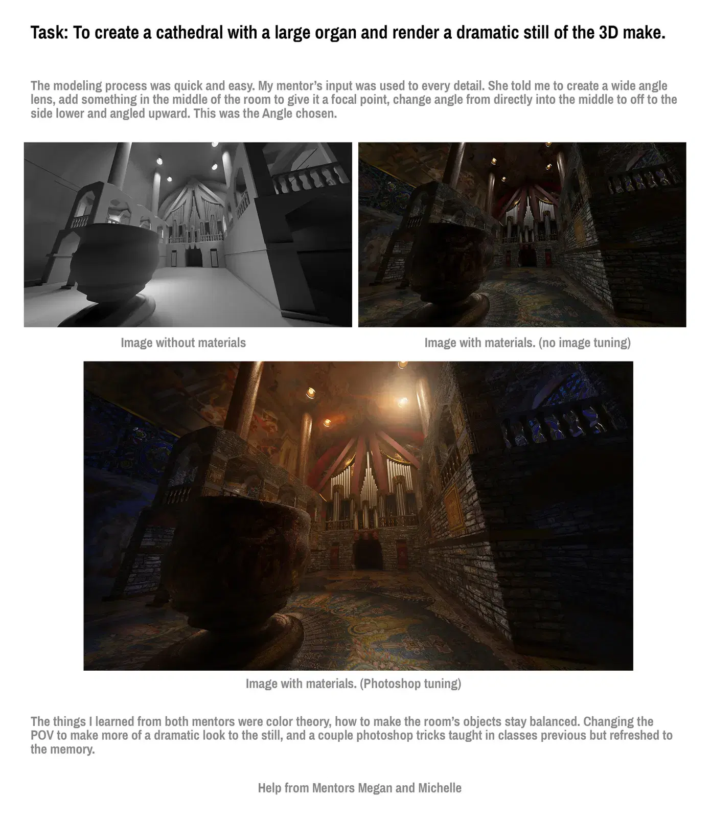A digital rendering project showing a large cathedral with an organ and intricate interior details. The top row compares an untextured 3D model with a textured, final version. The bottom shows a fully rendered, dramatic lighting image of the cathedra