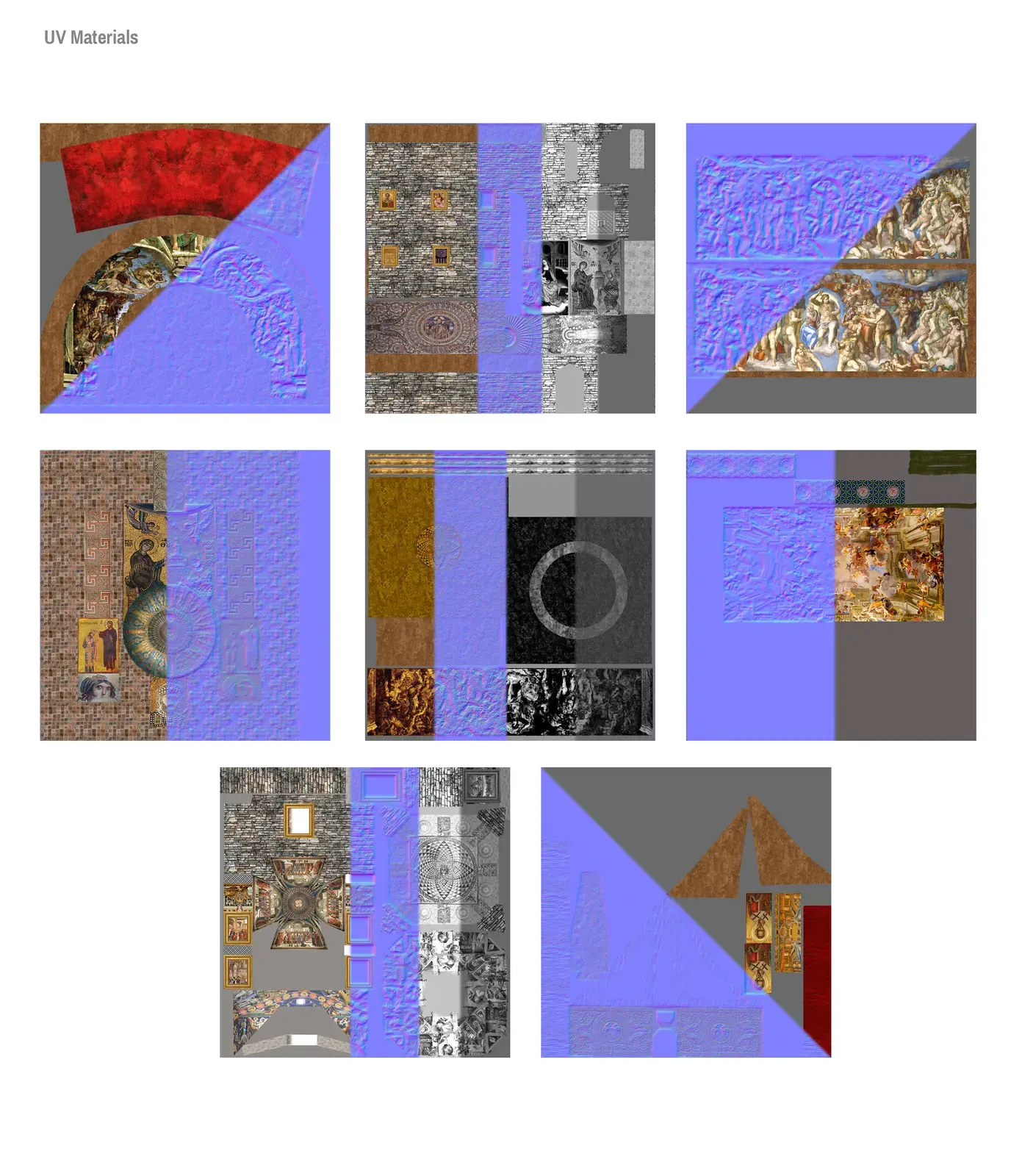 Collection of UV maps for 3D models of artworks and architectural details.