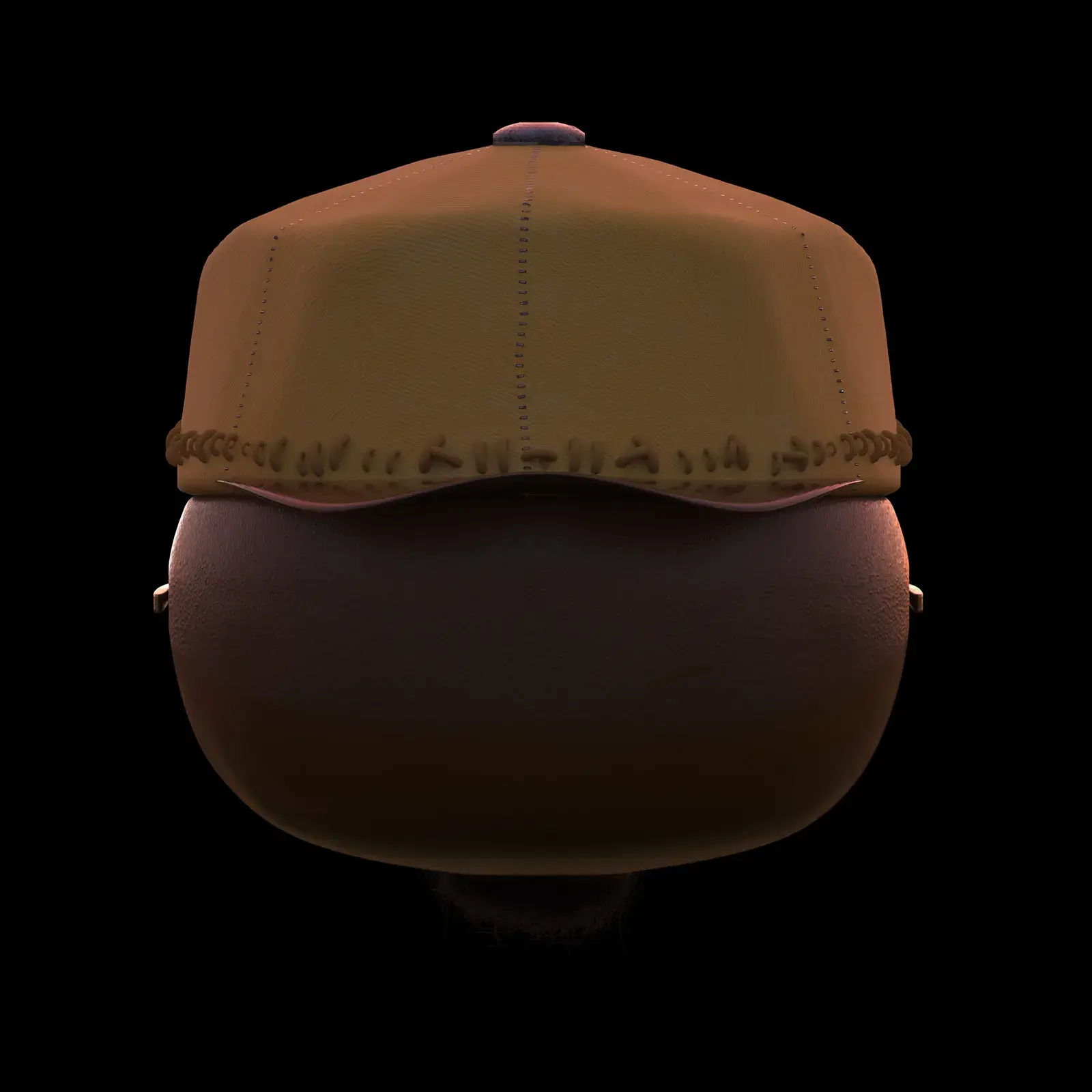 A close-up front view of a baseball cap with a brown bill and a tan crown, against a black background.