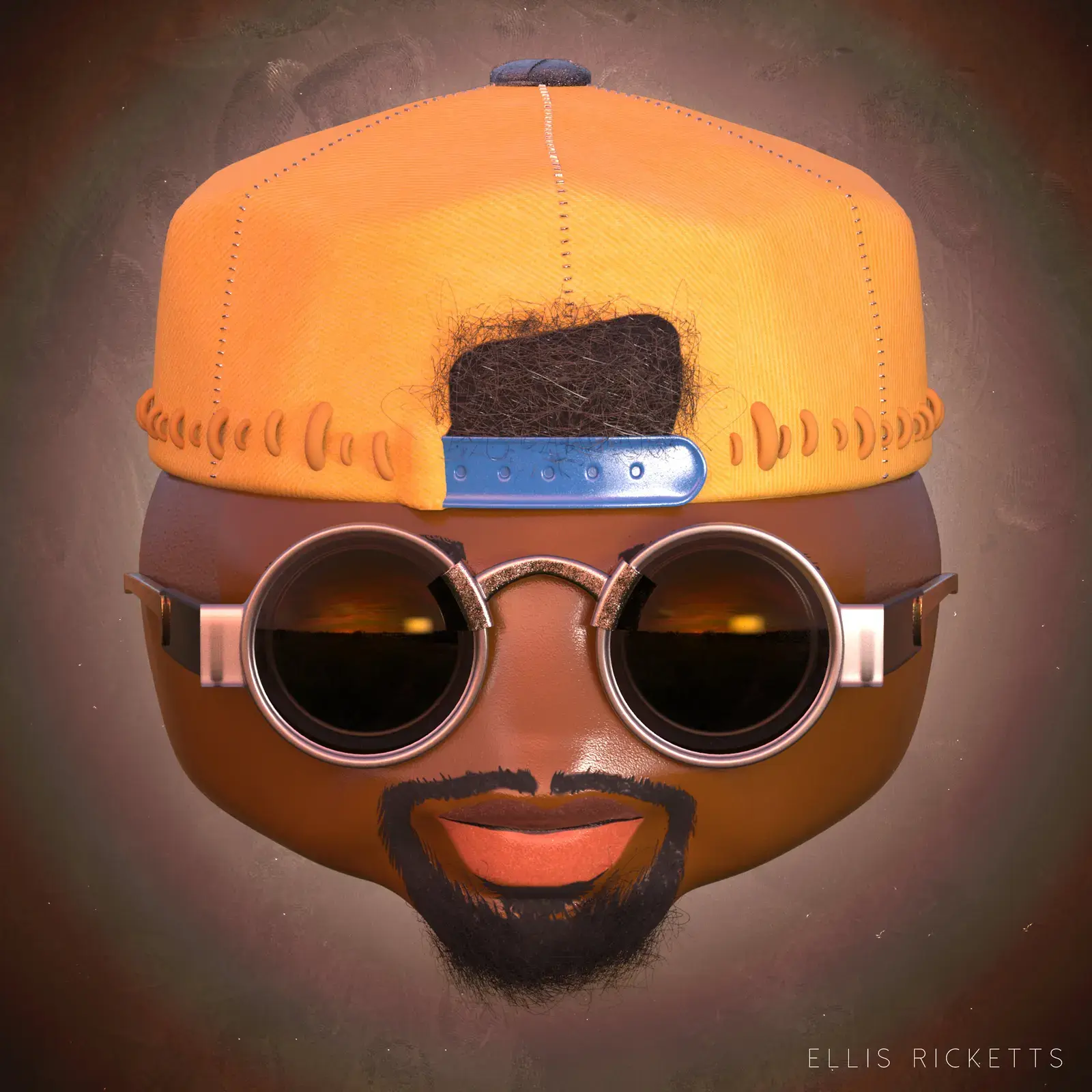 A stylized illustration of a person's face wearing a yellow cap backward, round sunglasses, and a beard, with a sunset landscape reflected in the sunglasses.