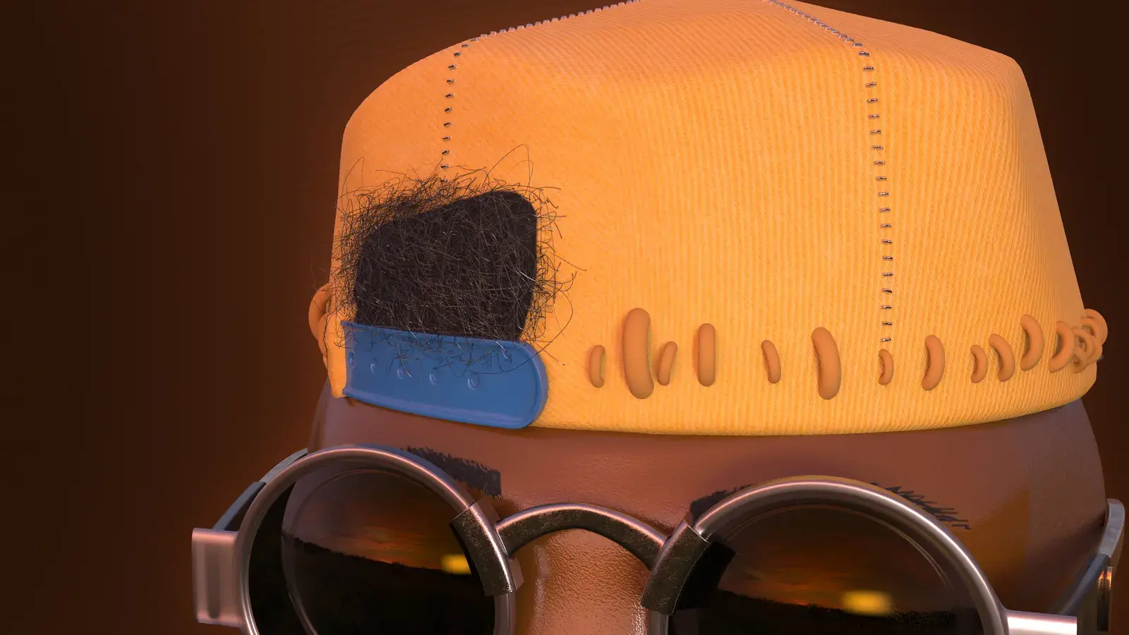A stylized digital illustration of a person's head wearing sunglasses, with a textured, yellow, dome-shaped hat with stitching and vent holes. The person has dark, frizzy hair visible beneath the hat.