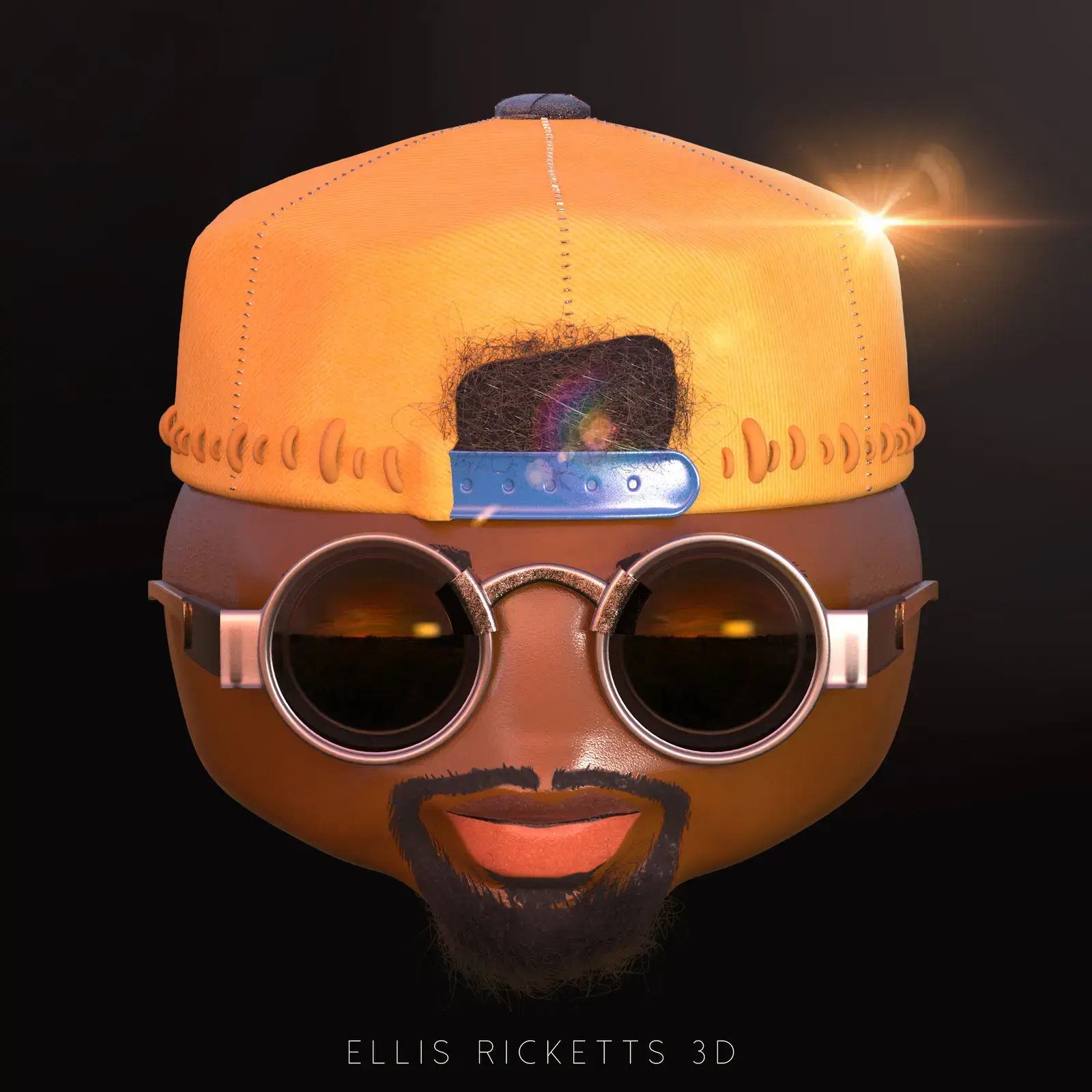 3D animated character with a beard, sunglasses reflecting a sunset landscape, wearing an orange cap backwards, and a yellow cap on top, set against a dark background with light flare