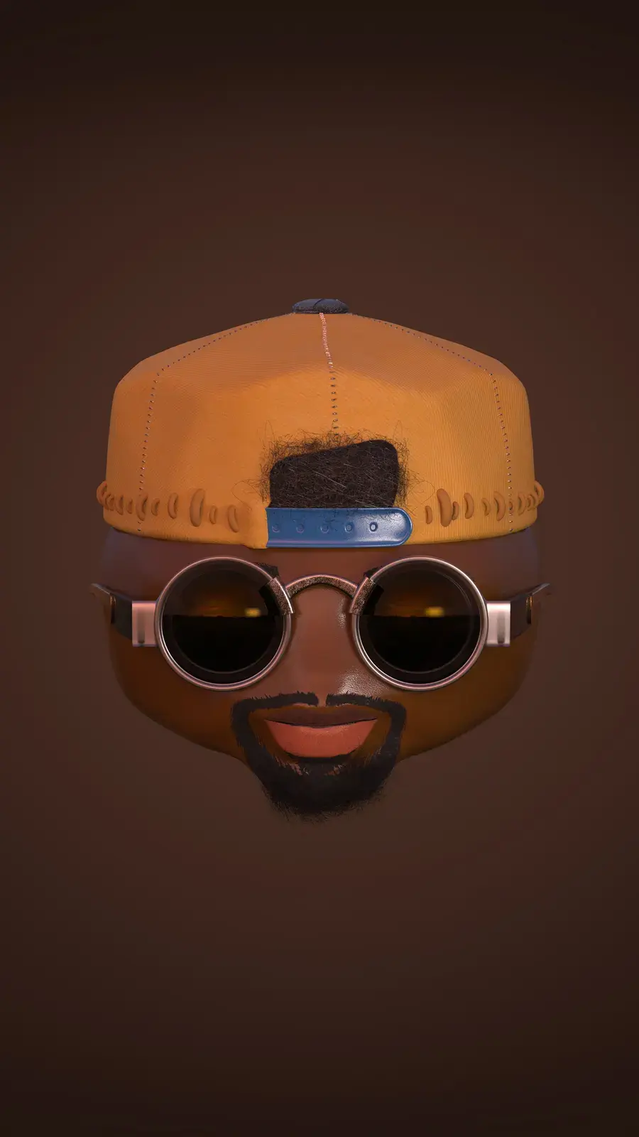 Cartoon face with sunglasses, beard, mustache, lips, restricted cap with hair under it, and a brown background.