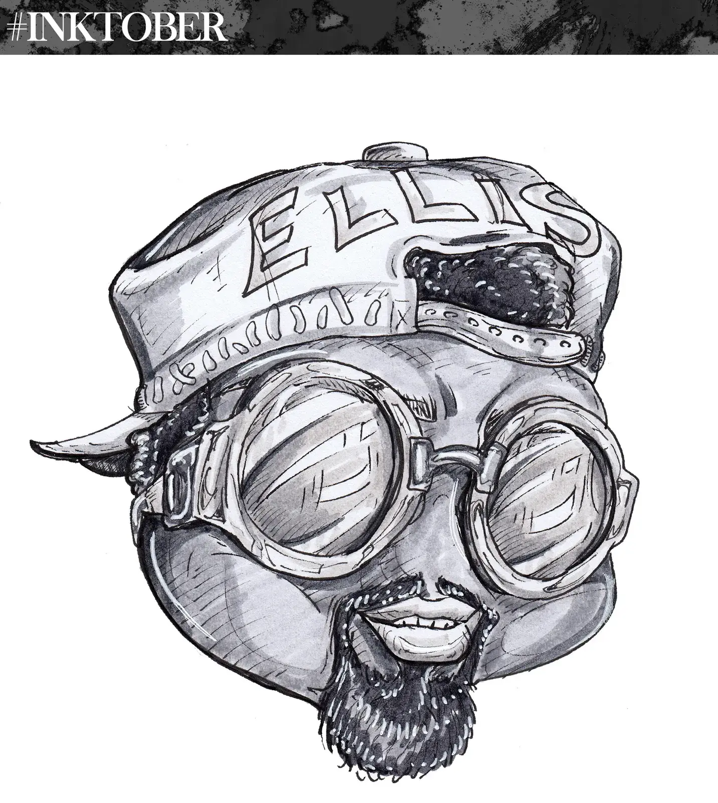 A black and white sketch of a person with sunglasses, a beard, and a tattooed baseball cap that says "ELLS". The person is smiling with open lips.