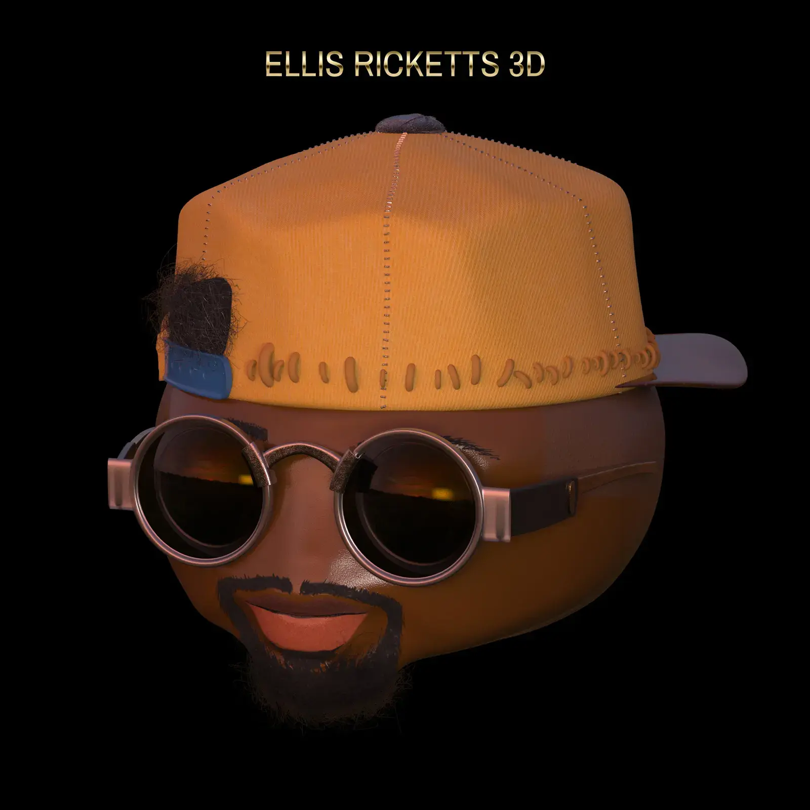 3D avatar with dark skin, wearing round black sunglasses, a yellow baseball cap with hair sticking out, and a goatee beard, with the text 'Ellis Ricketts 3D' at the top.