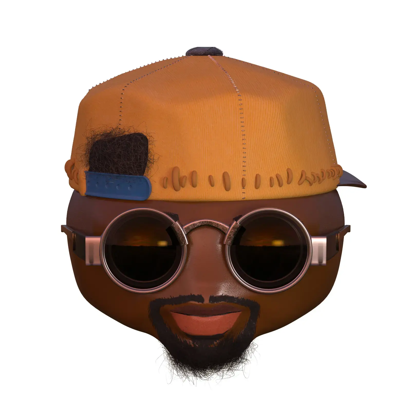 Digital illustration of a man's face with a beard and mustache wearing a yellow baseball cap, sunglasses, and a black shirt, against a white background.