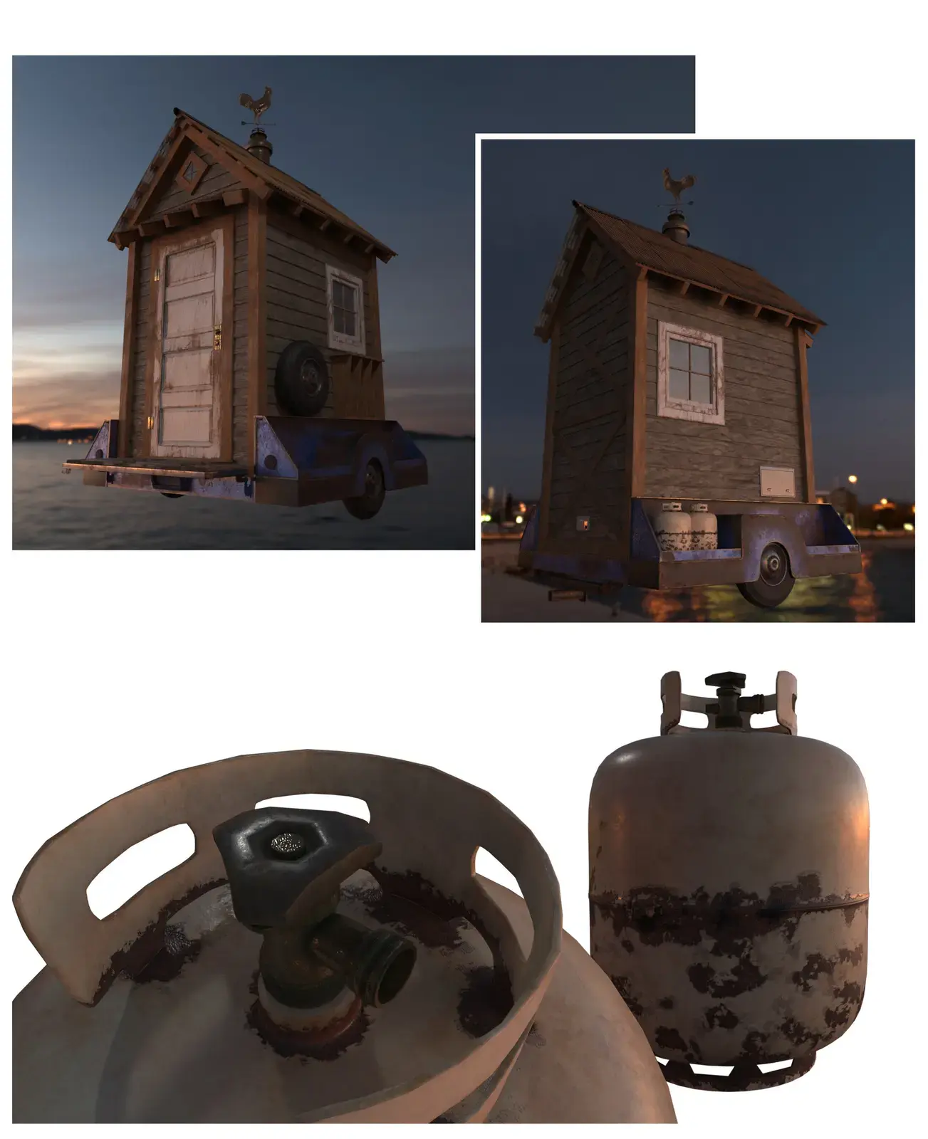 Two images of a small wooden house on a trailer with a rooster weather vane on top. The house has a window and appears aged. The setting is dusk or early evening. The bottom part shows two propane tanks, one rusted and one with a valve and a handle.
