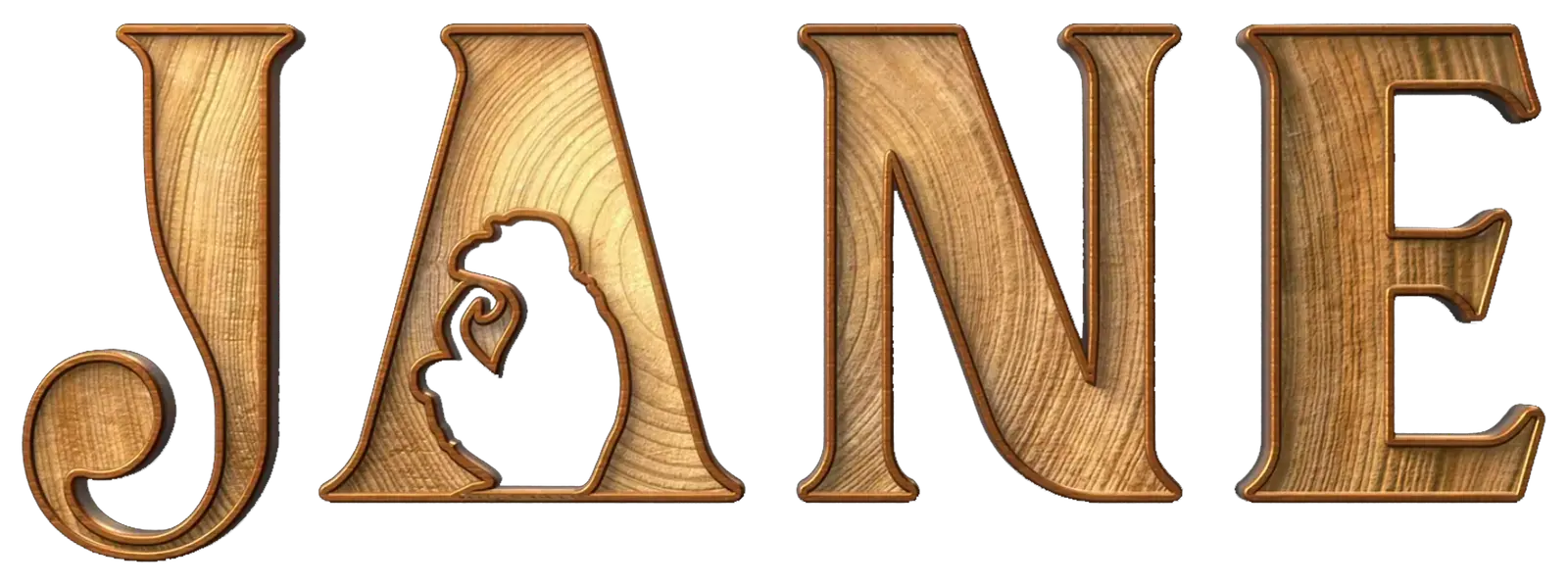 The word 'JANE' written in large wooden letters with a polished finish, showcasing wood grain texture and carved edges.