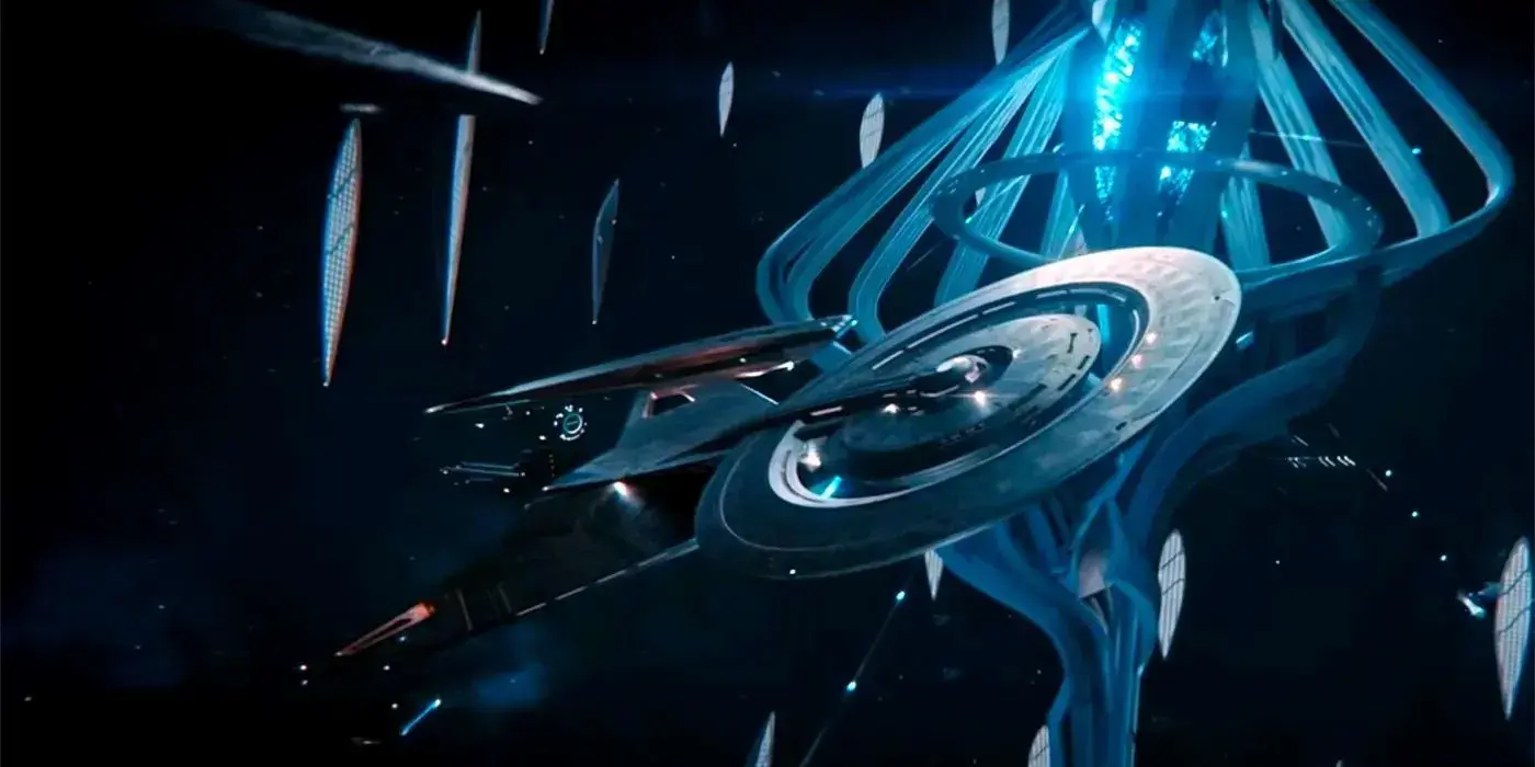 A futuristic spaceship flying near a glowing, intricate space station with blue neon lights.