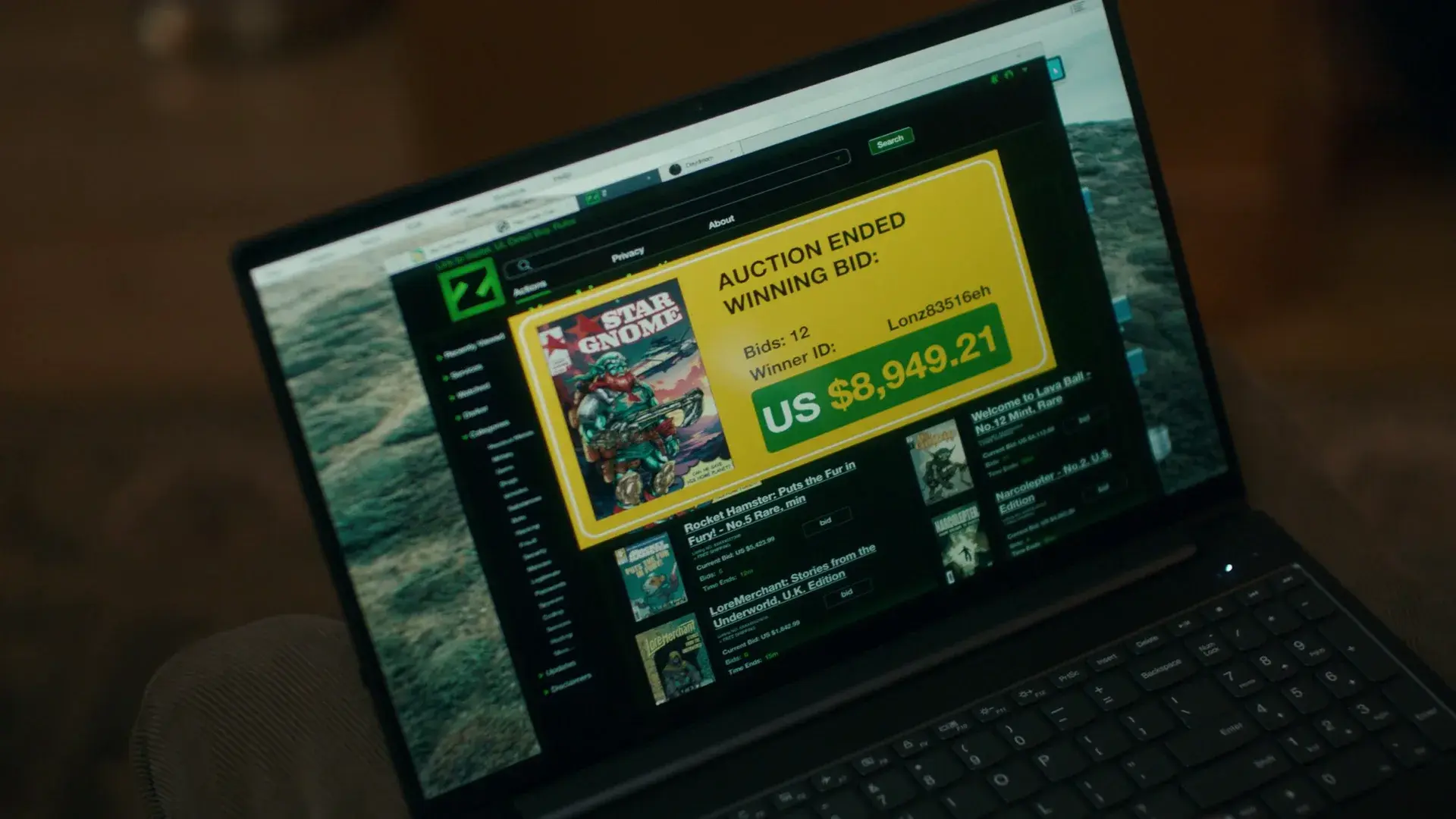 Laptop screen graphic: an online auction page showing a winning bid of US $8,949.21 for a Star Gnome comic
