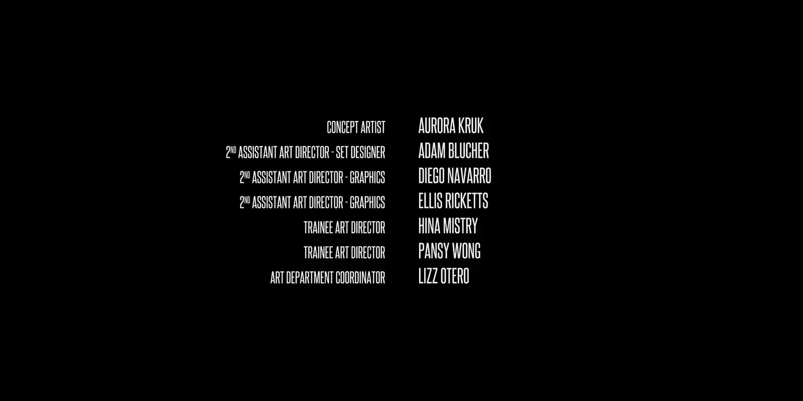 Film ending credits listing roles and names of team members on a black background with white text.