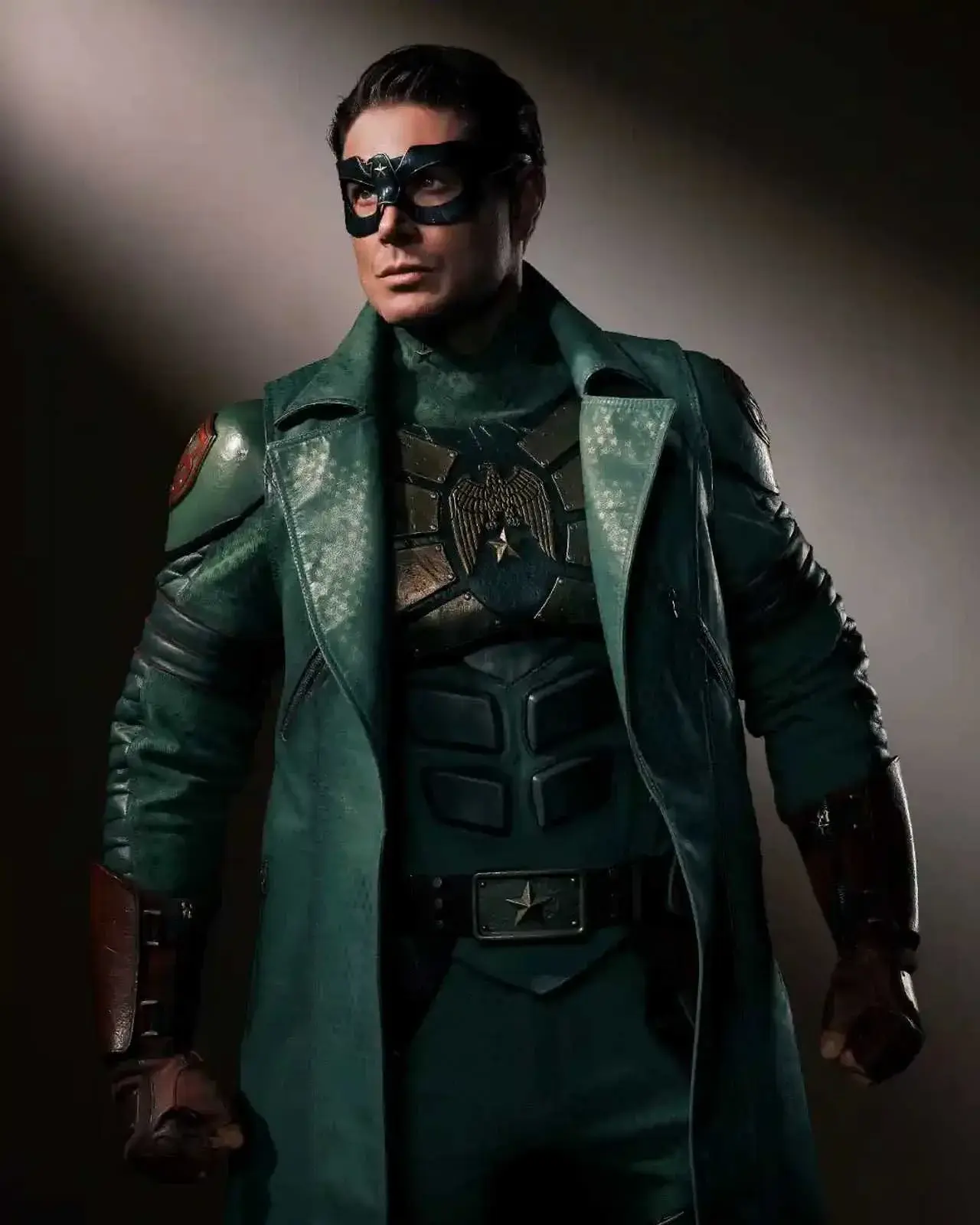 Vought Rising character poster: Jensen Ackles as Soldier Boy in a green leather coat and mask, lit by a single shaft of light