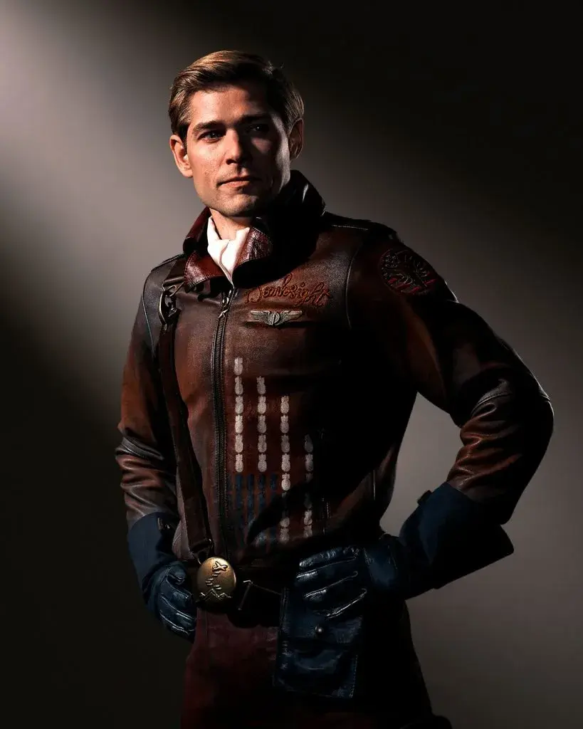 Vought Rising character poster: Mason Dye as Bombsight in a brown leather flight jacket