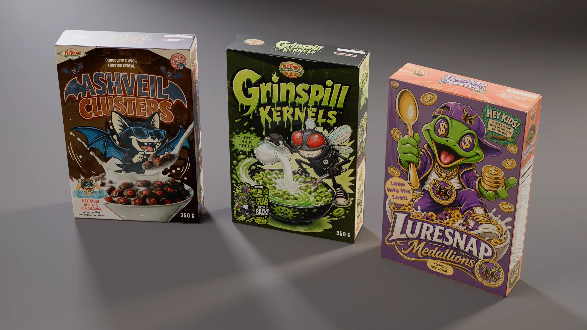 The three cereal boxes from a high angle, lit like a product shot on a grey sweep.