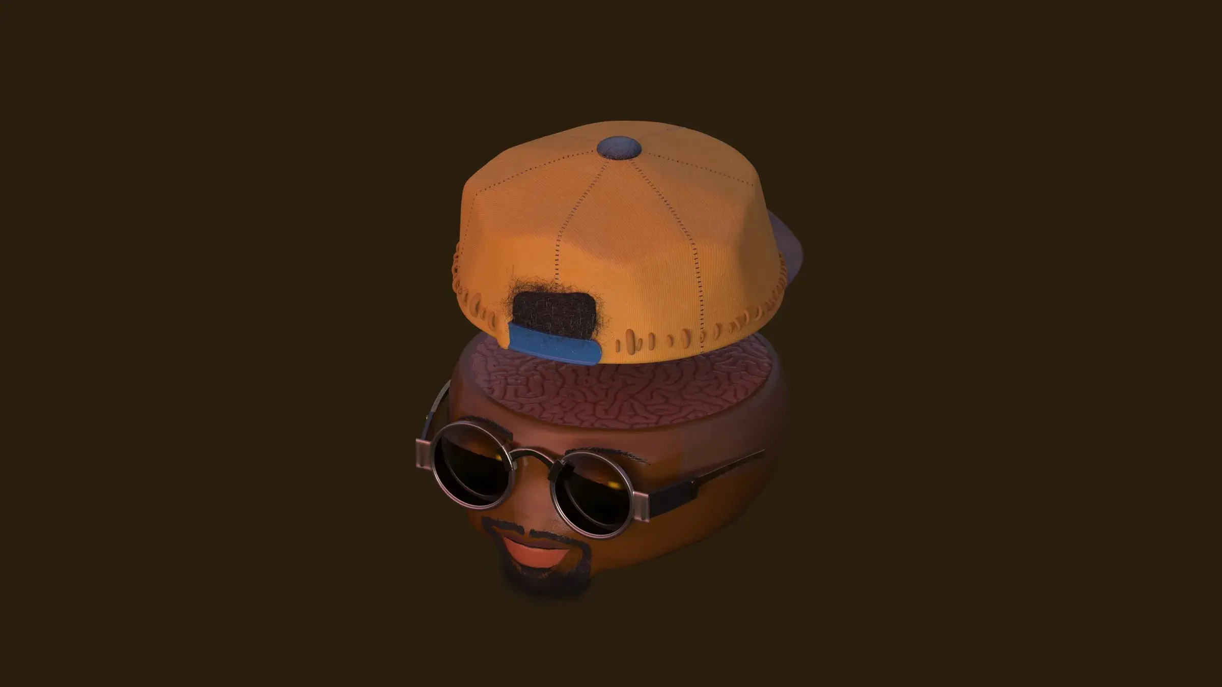 A stylised 3D head wearing an orange cap and round sunglasses, on a dark brown background.