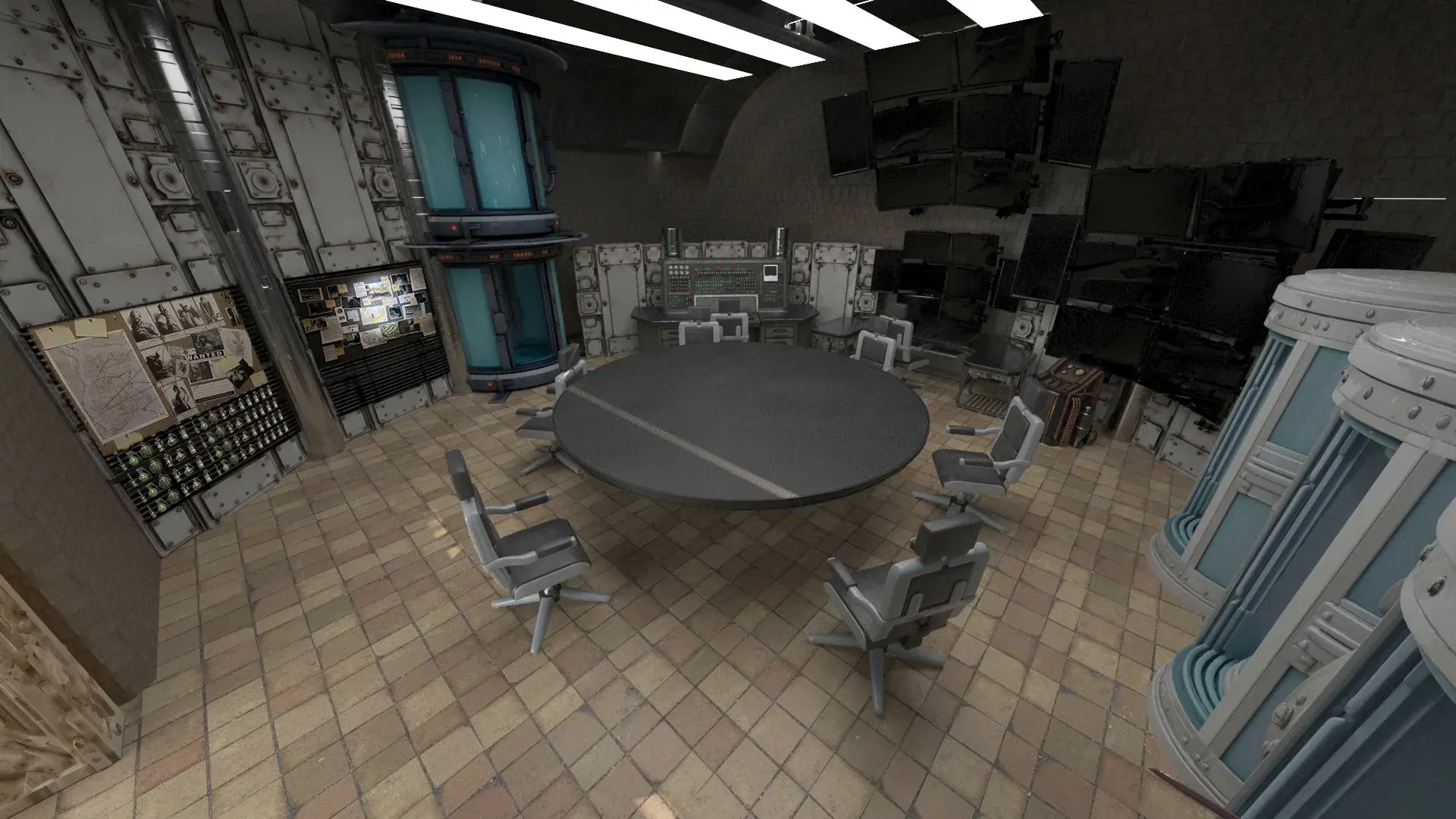 A futuristic control room with a round table ringed by chairs, monitors and machinery.