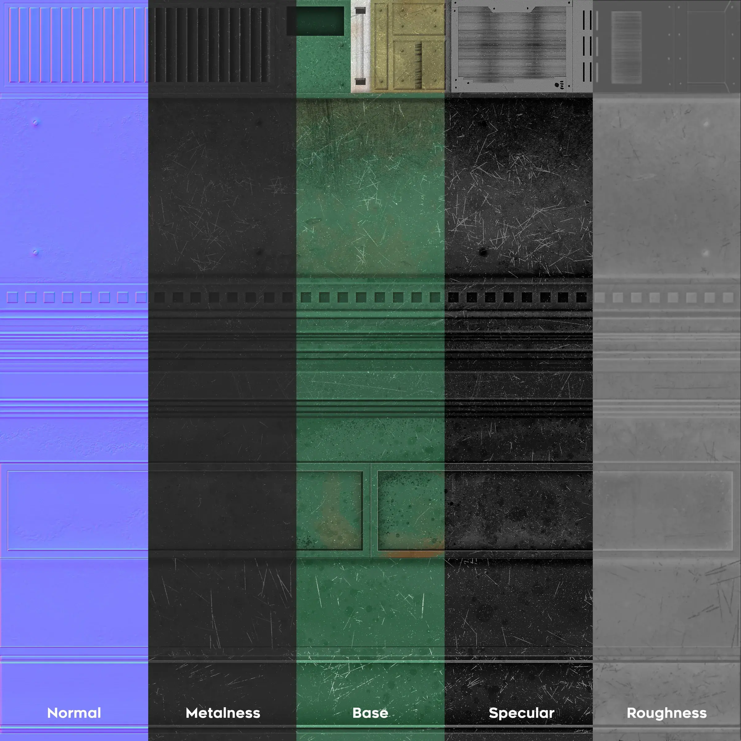 A painted green metal trim sheet shown as five texture maps side by side: normal, metalness, base, specular and roughness.