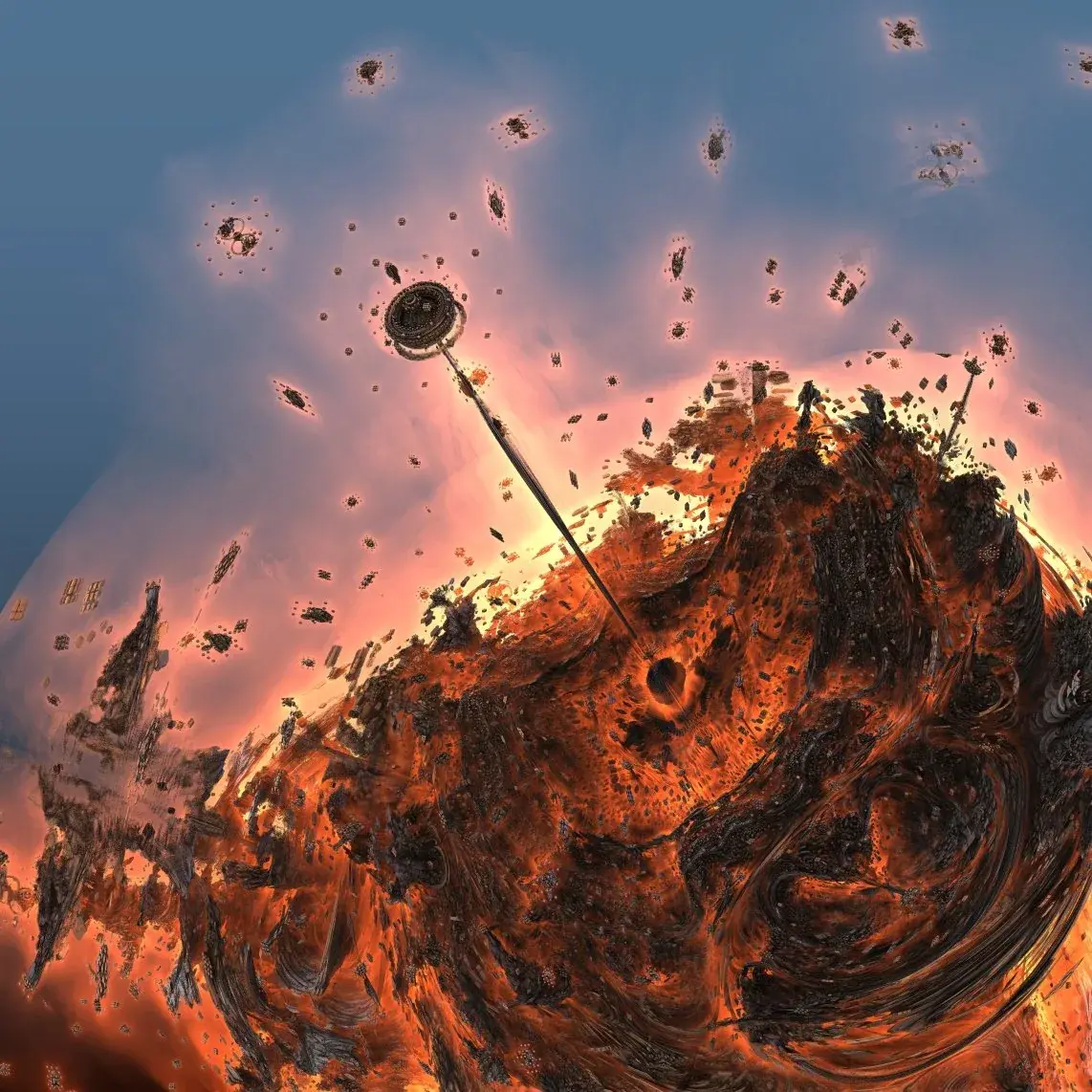 A rocky world breaking apart in molten orange light, debris spinning into a pale sky.