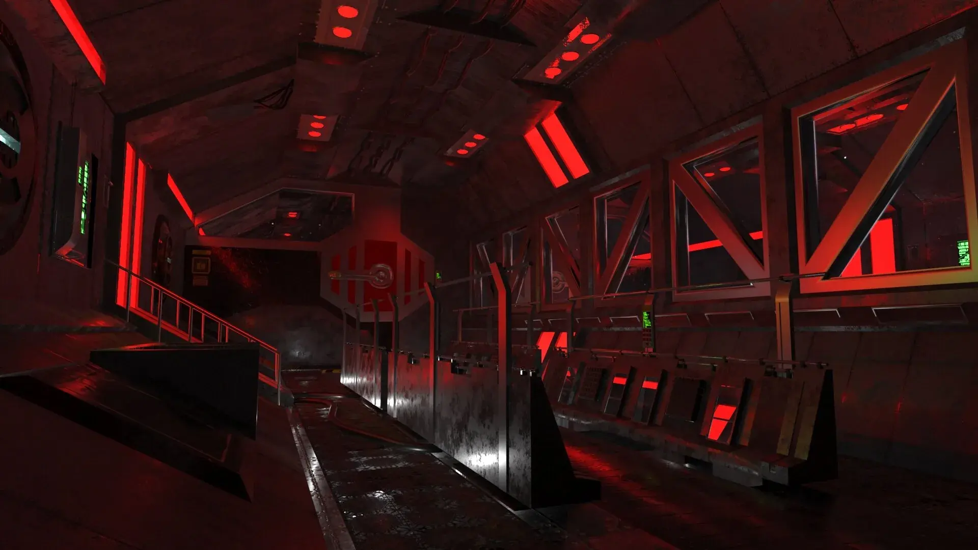 A science-fiction corridor washed in red emergency light.