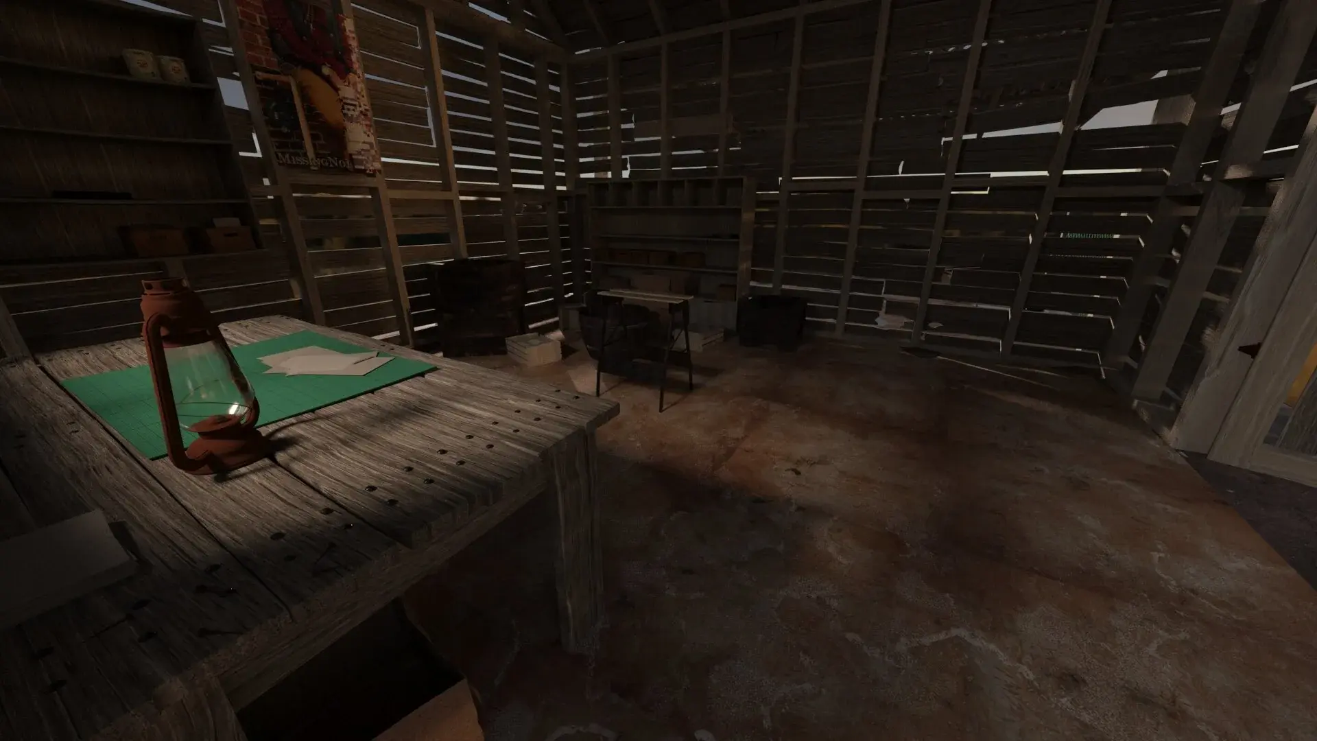 A dim, cluttered timber shed interior with a green-topped workbench.