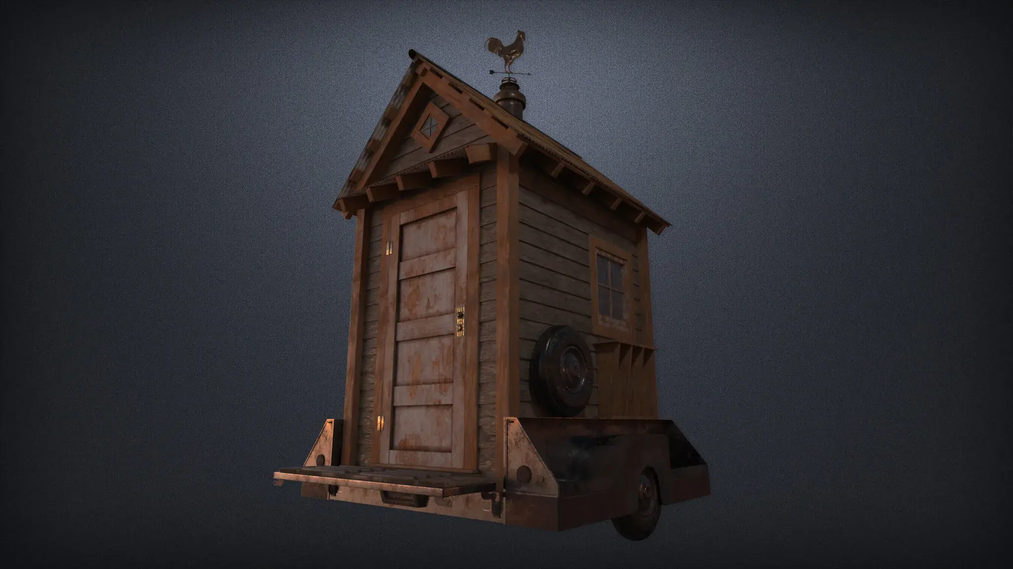 A small weathered wooden cabin with a pitched roof and weathervane, on a dark grey backdrop.