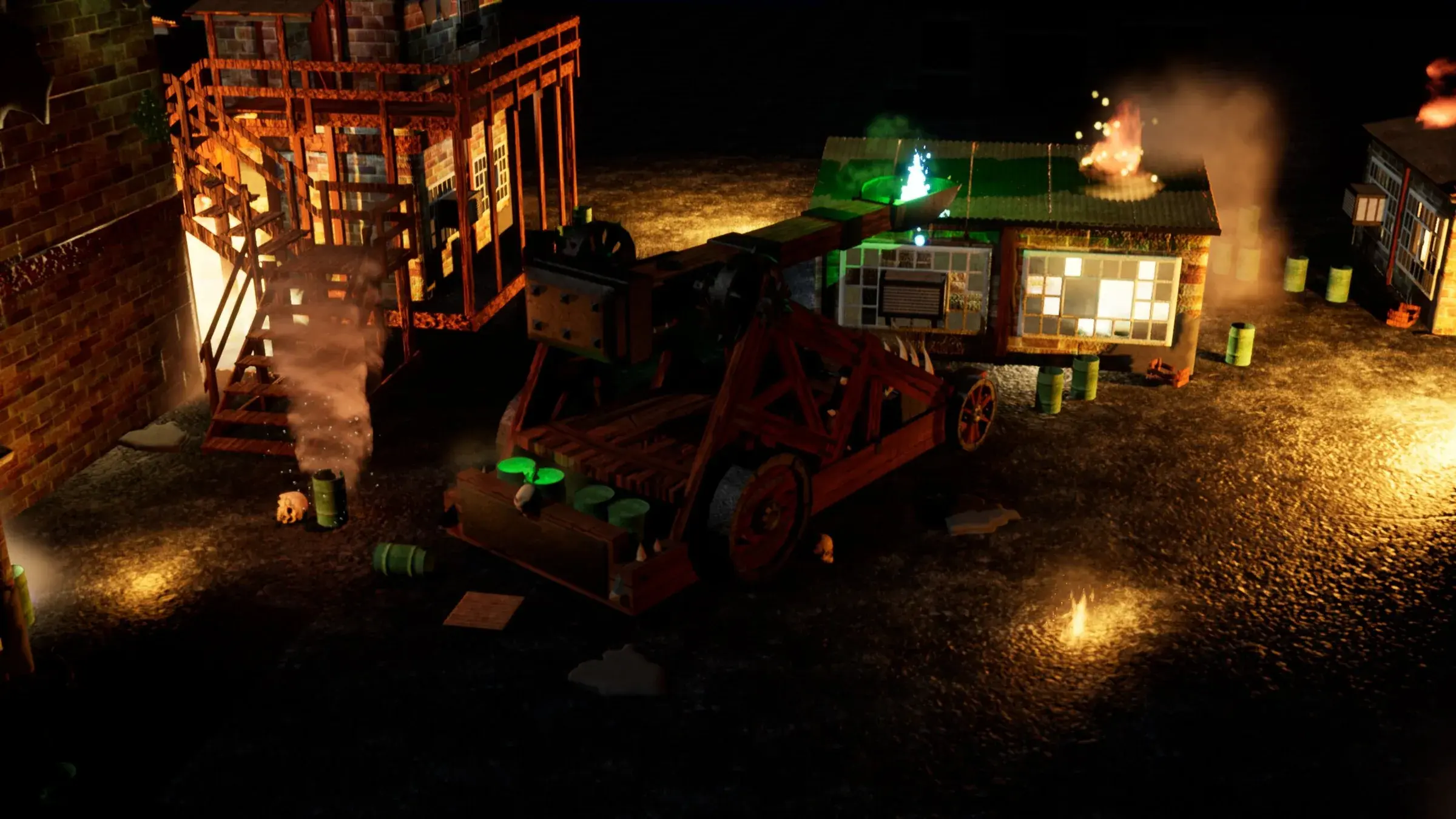 A night scene of an industrial structure lit by glowing lamps, with drifting smoke.