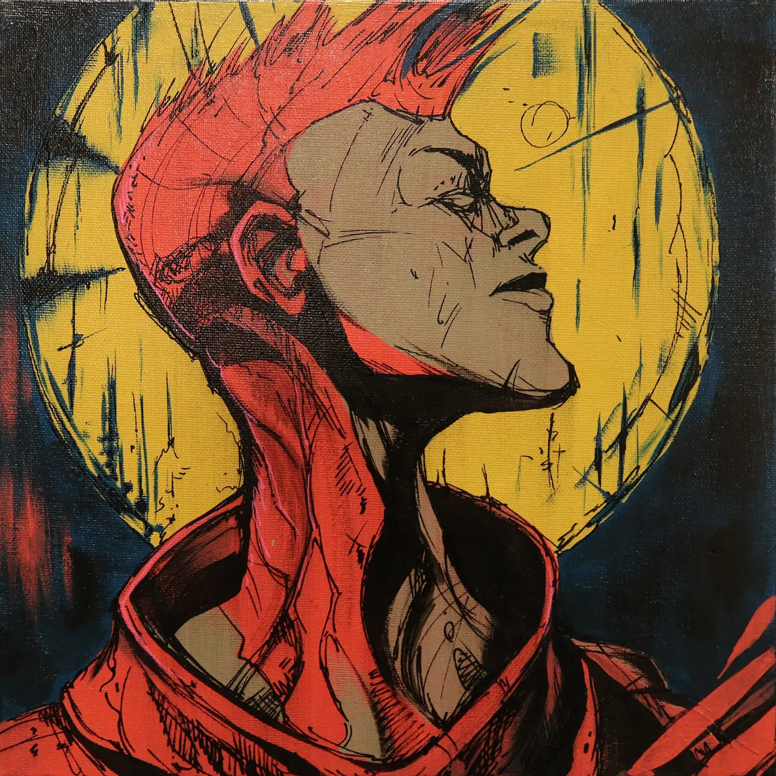 A colorful abstract illustration of a person with a confident expression, wearing a hoodie, with a large yellow circle and dark background. The style combines sketchy lines and bold colors.