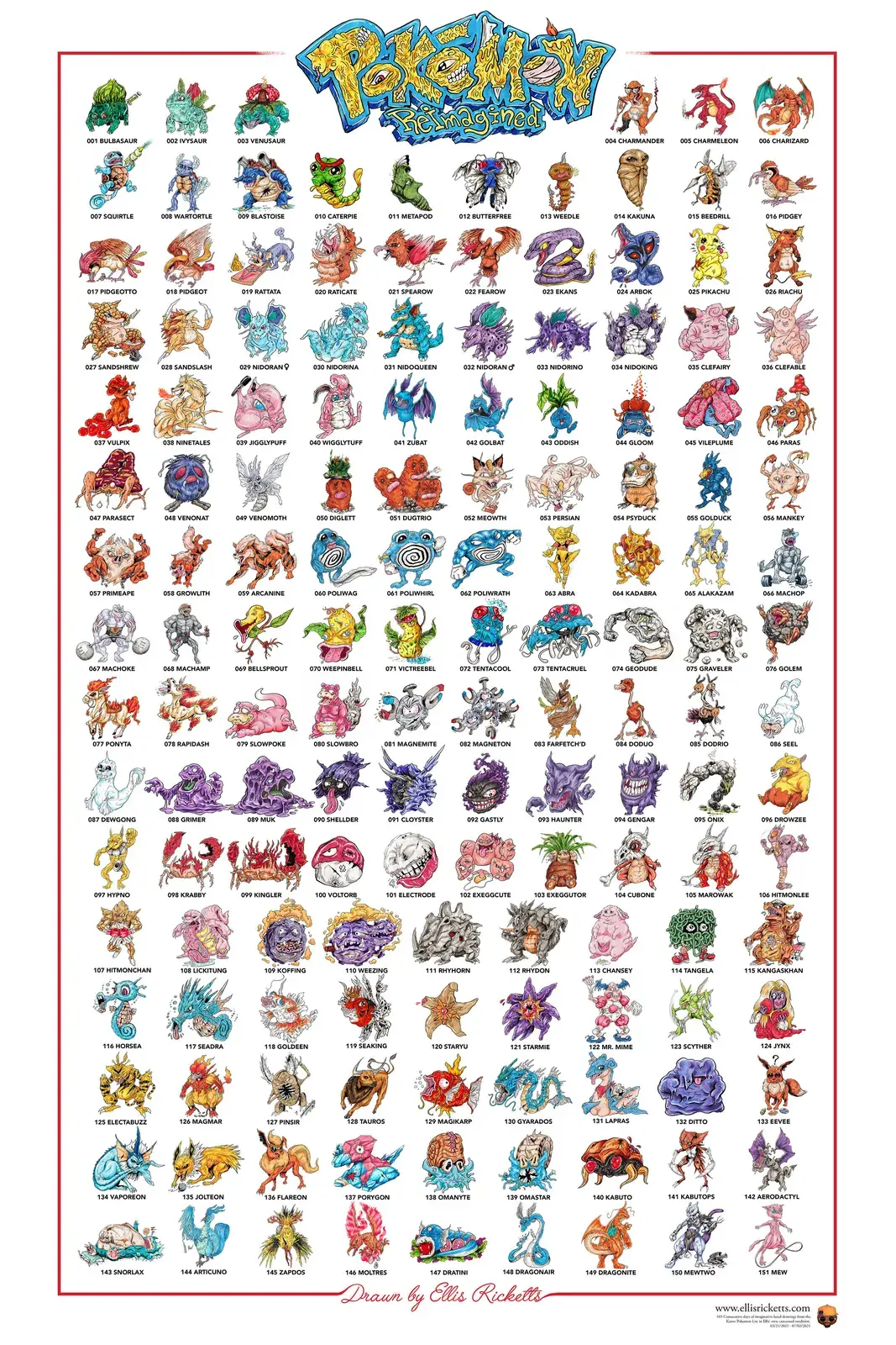 Pokemon Reimagined Classic Poster (36” x 24”) The Poster is now available and will be a print on demand item priced at $65 CAD. Featuring all 151 Kanto Region Pokemon in chronological order.1 - 2 days to print. 4 - 5 days standard shipping. Some cities and states may be longer based on bothersome COVID-19 delays. Buy it!